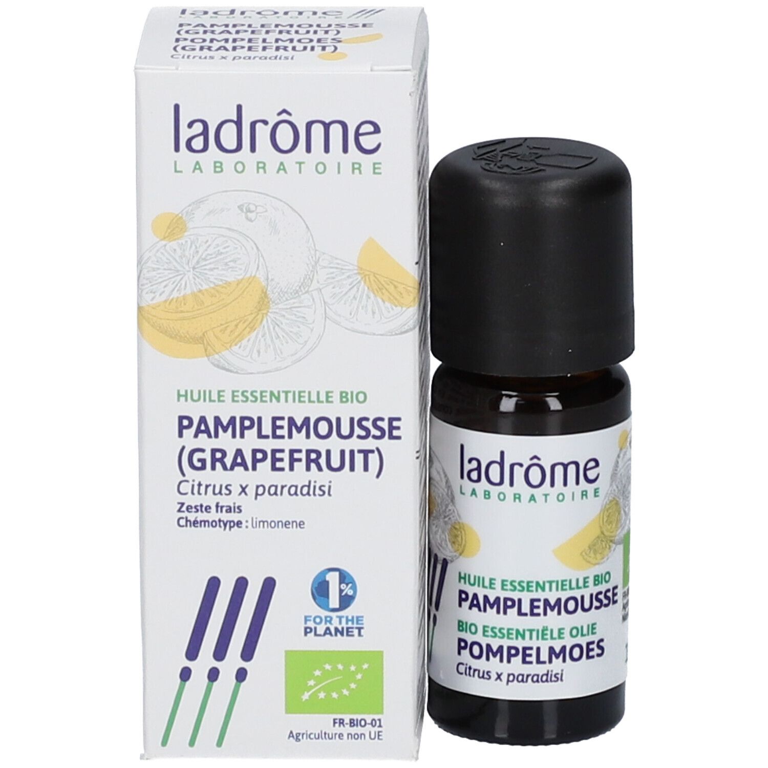 Ladrôme Bio Grapefruit ätherisches Öl und Verpackung. Karton zeigt Zitrusfrüchte, Bio-Siegel und "1% for the Planet".