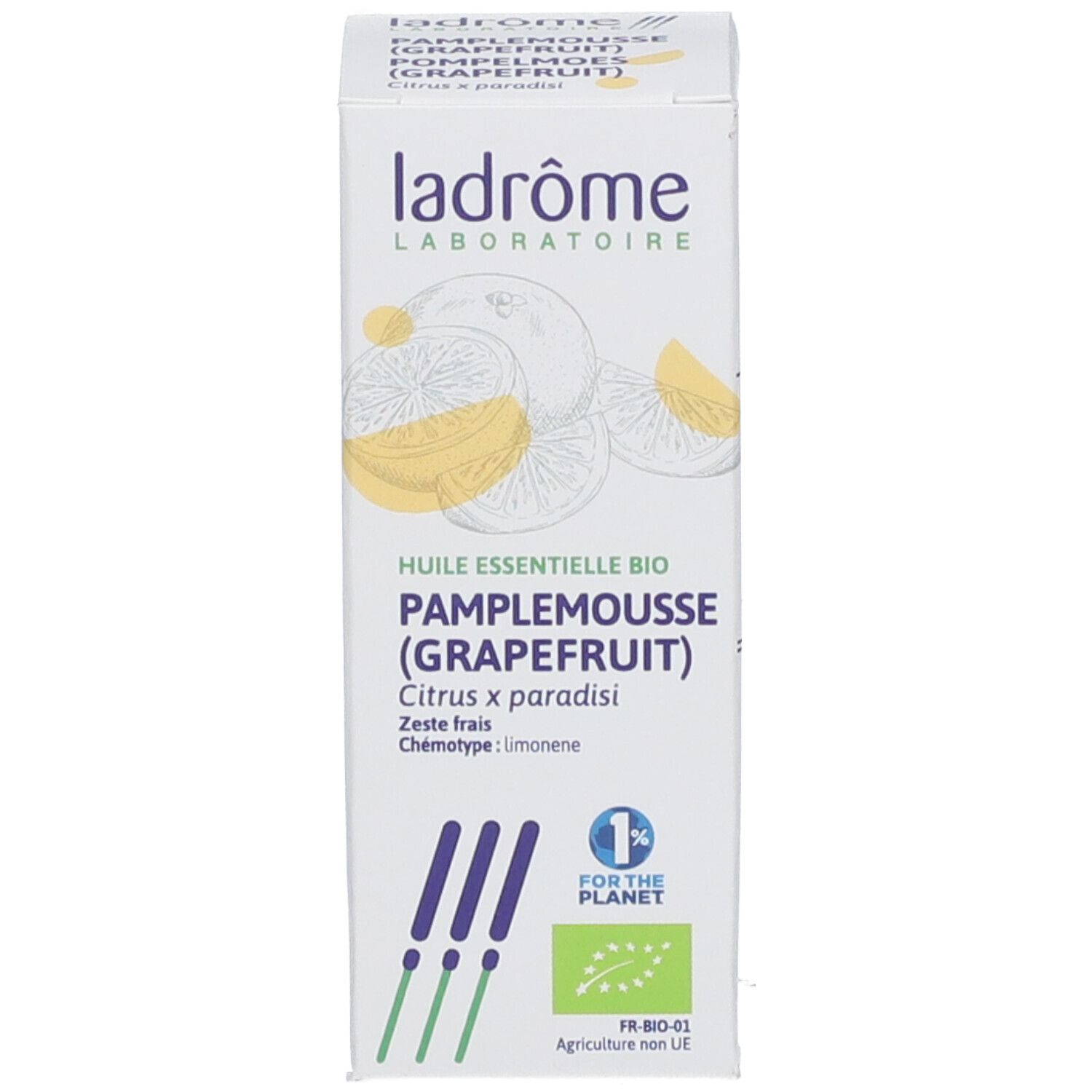 Ladrôme Bio Grapefruit ätherisches Öl und Verpackung. Karton zeigt Zitrusfrüchte, Bio-Siegel und "1% for the Planet".