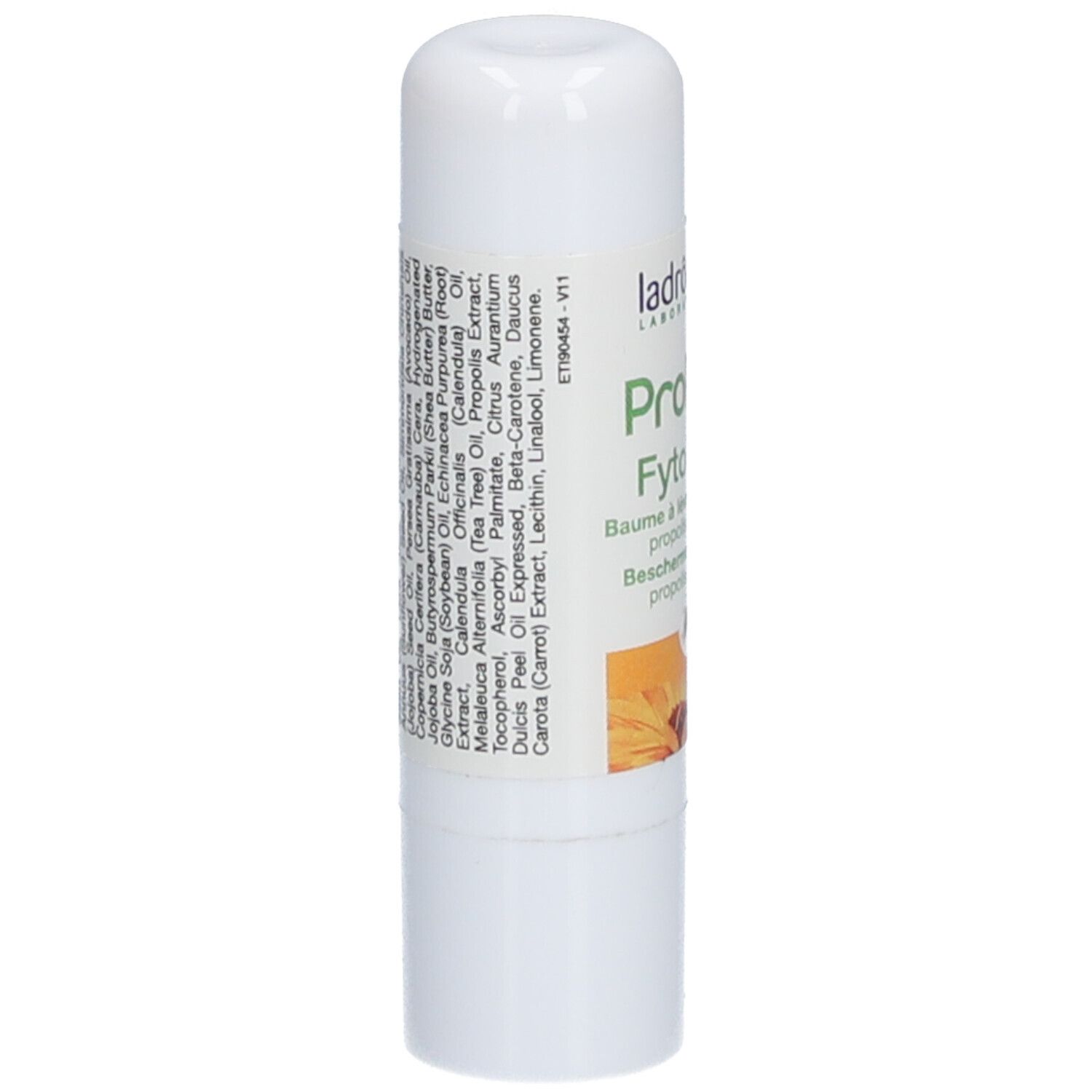 Weißer Lippenbalsam-Stick mit Zutatenliste auf der Rückseite. Text in kleiner Schrift.