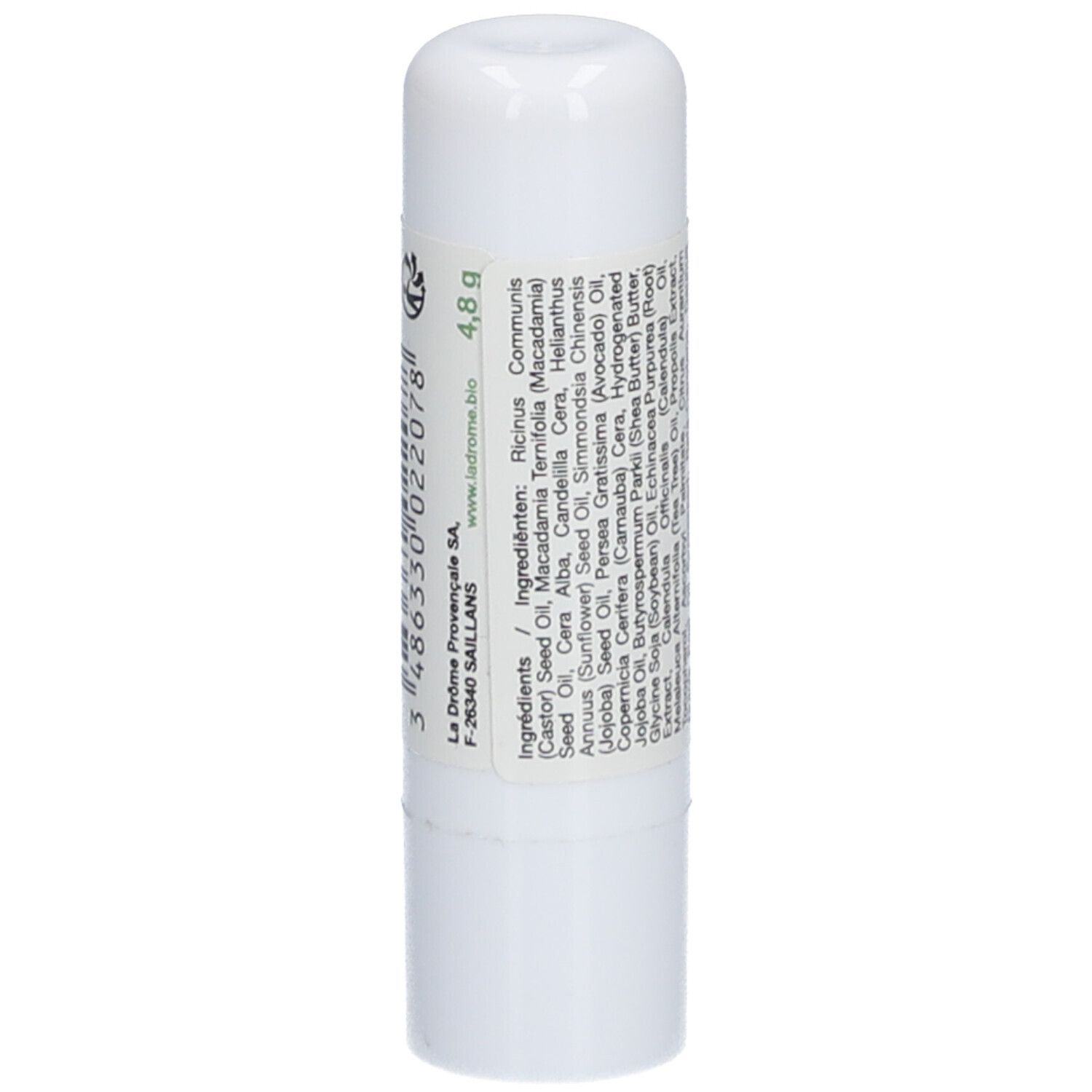 Weißer Lippenbalsam-Stick mit Zutatenliste und Gewichtsangabe 4,8 g. Text in kleiner Schrift.