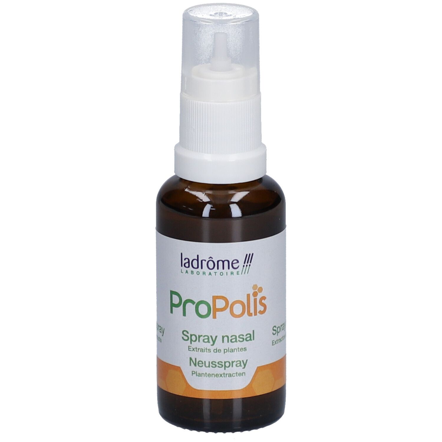 Braune Glasflasche mit weißem Sprühkopf. Aufschrift: Propolis, Spray nasal, Neusspray.