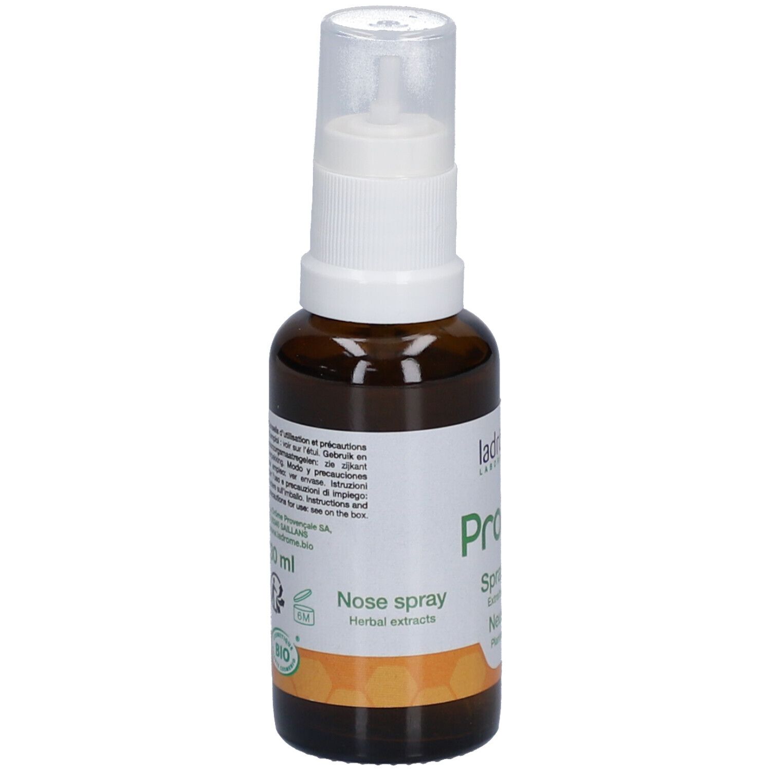 Braune Glasflasche mit weißem Sprühkopf. Aufschrift: Propolis, Nose spray, Herbal extracts.
