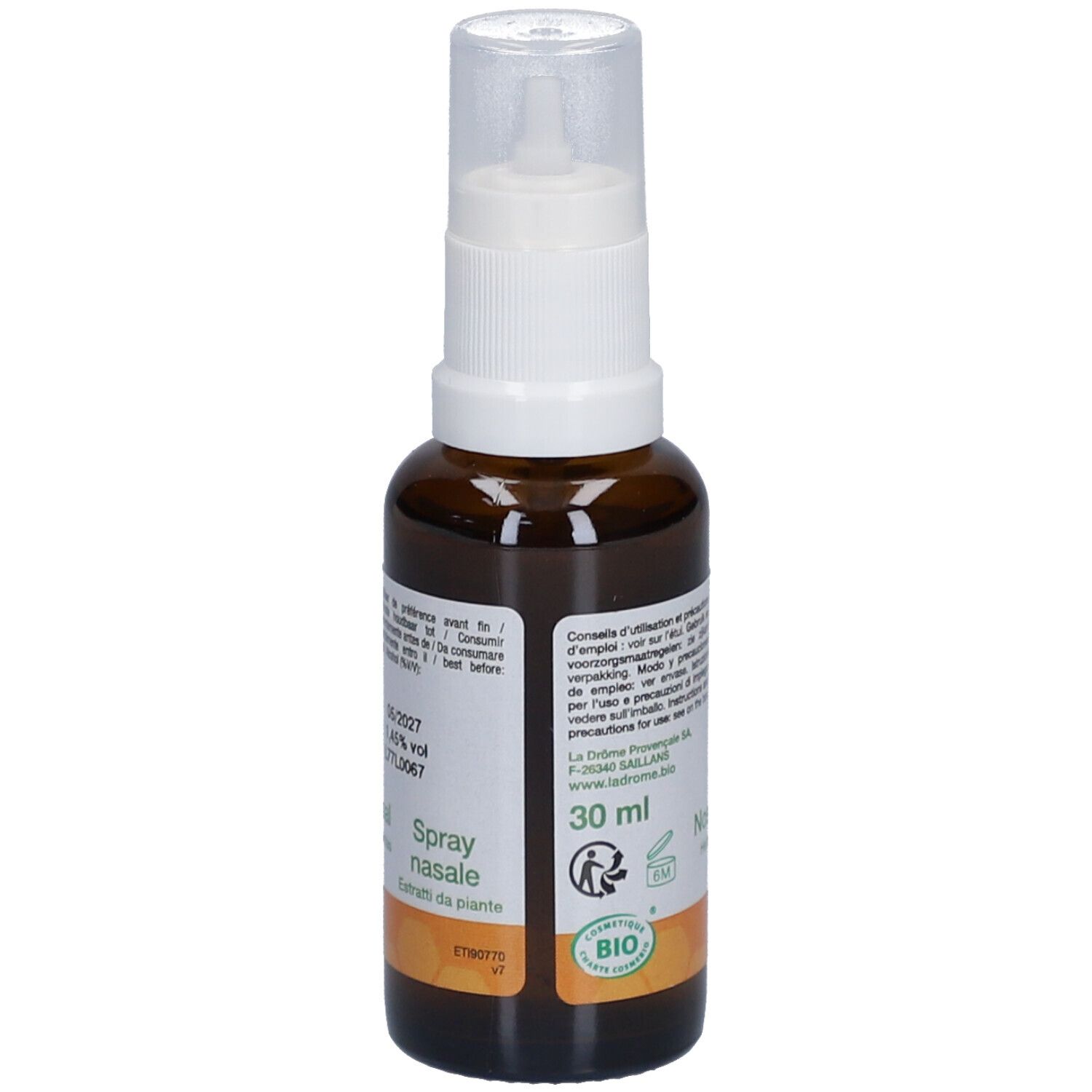Braune Glasflasche mit weißem Sprühkopf. Aufschrift: Propolis, Spray nasal, Extrait de plante.