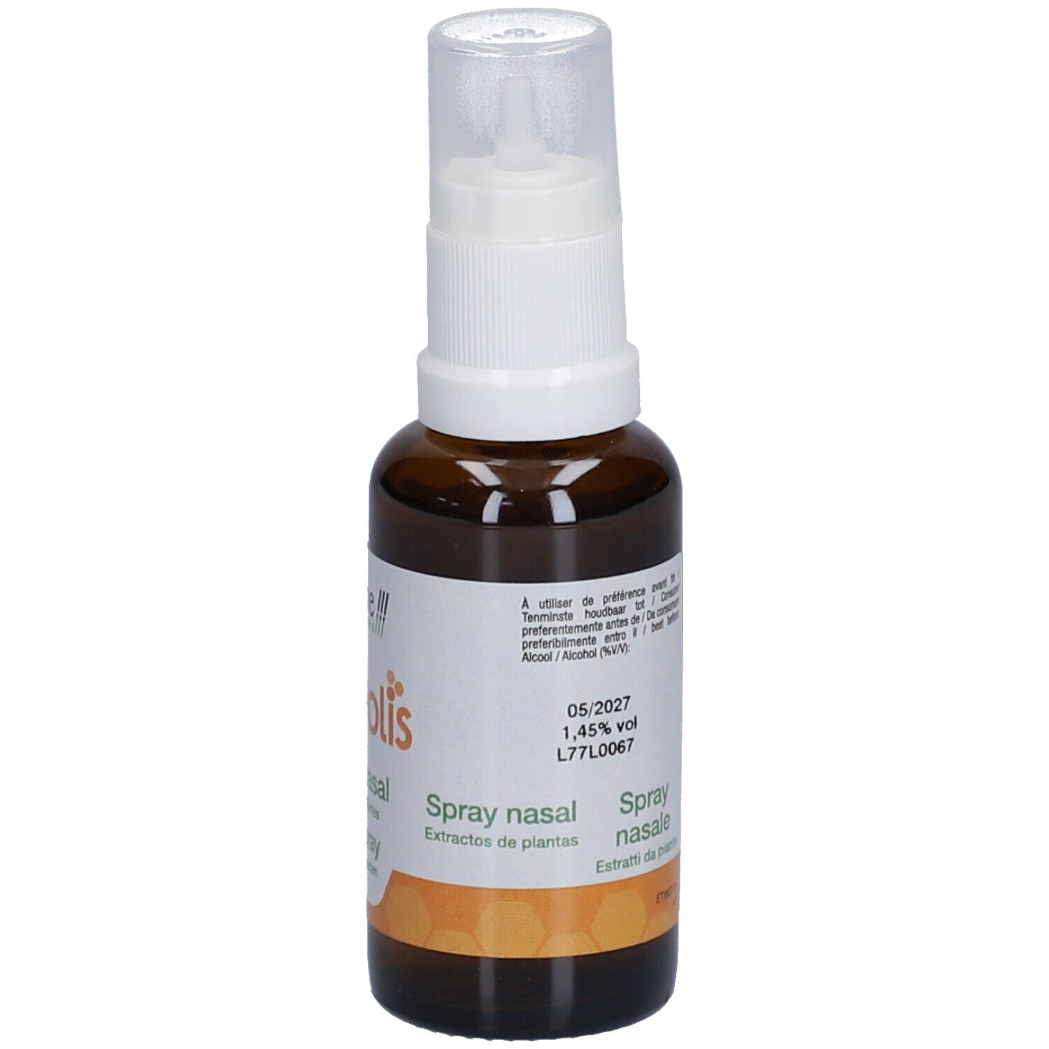 Braune Glasflasche mit weißem Sprühkopf. Aufschrift: Propolis, Spray nasal, Extrait de plante.