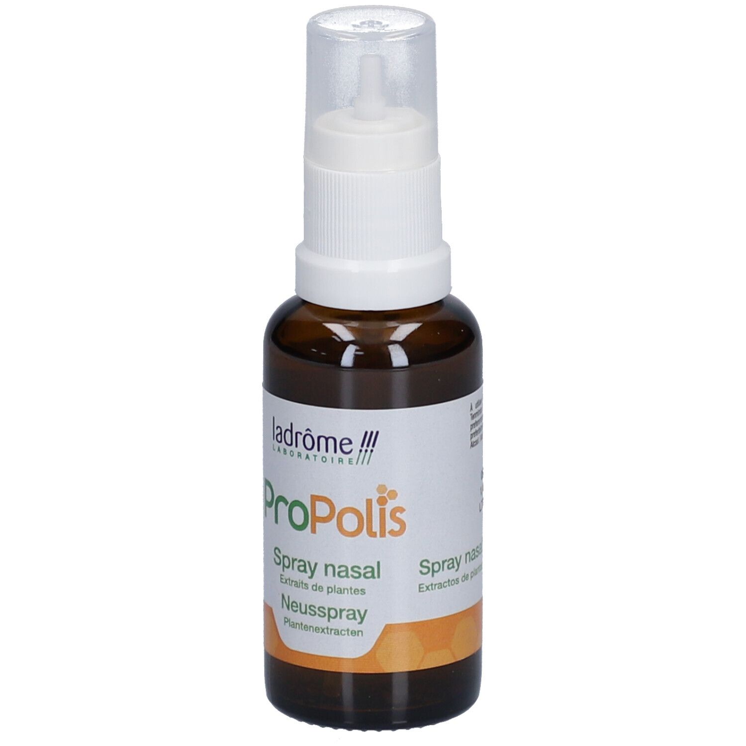 Braune Glasflasche mit weißem Sprühkopf. Aufschrift: Propolis, Spray nasal, Neusspray.