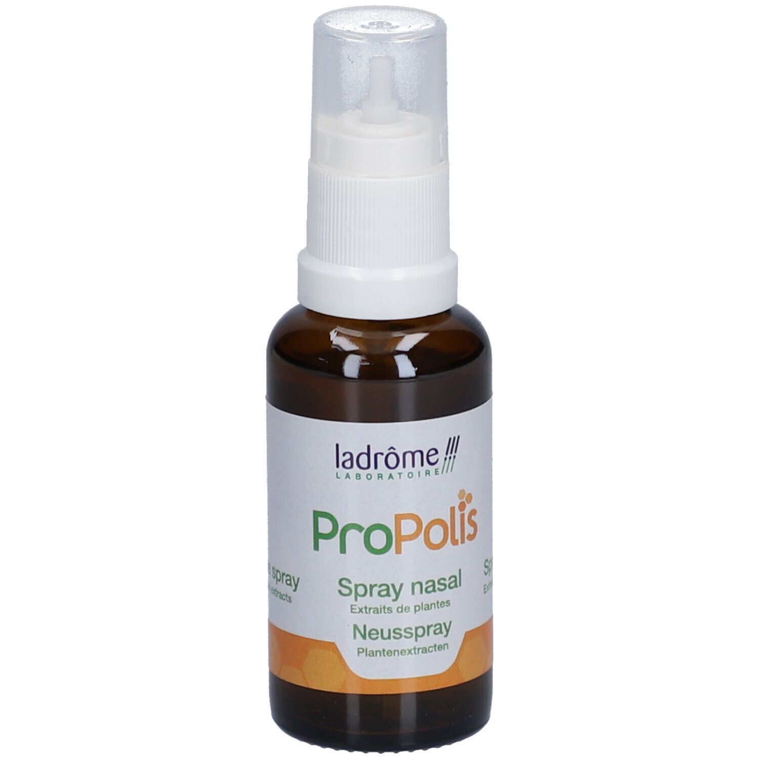 Braune Glasflasche mit weißem Sprühkopf. Aufschrift: Propolis, Spray nasal, Neusspray.