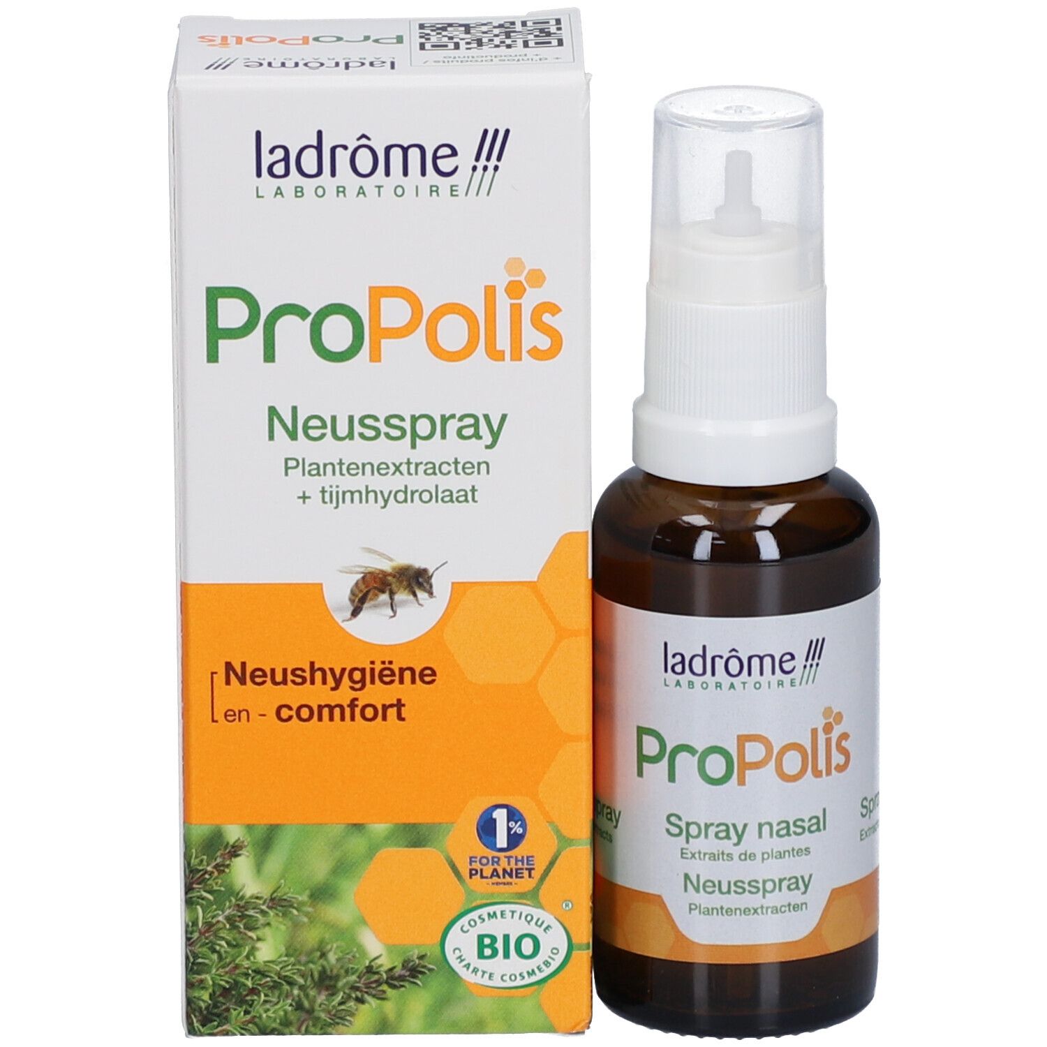 Produktflasche und Verpackung. Aufschrift: Propolis, Neusspray, Plantenextracten + tijmhydrolaat.