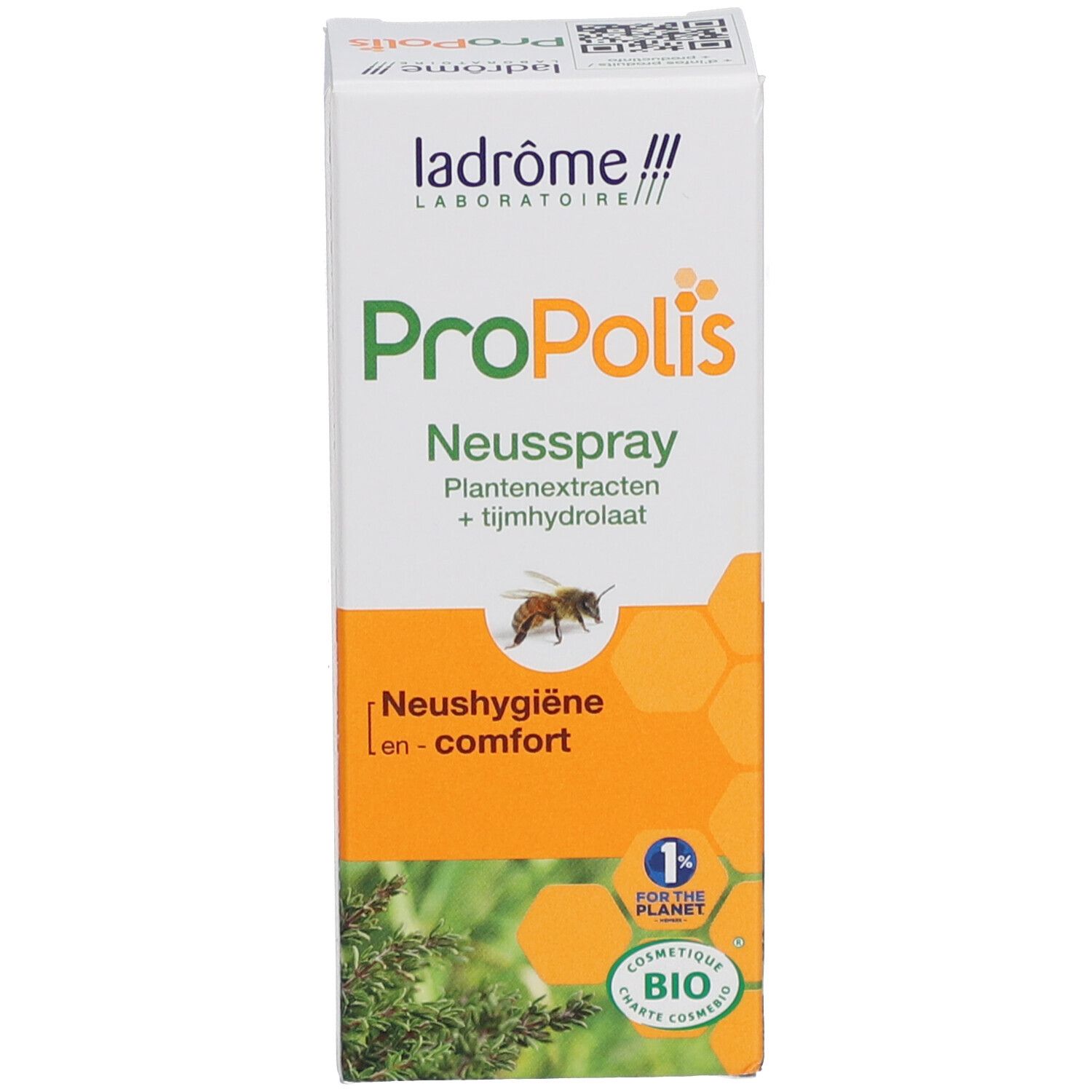 Verpackung mit Aufschrift: Propolis, Neusspray, Plantenextracten + tijmhydrolaat. Mit Biokosmetik-Siegel.