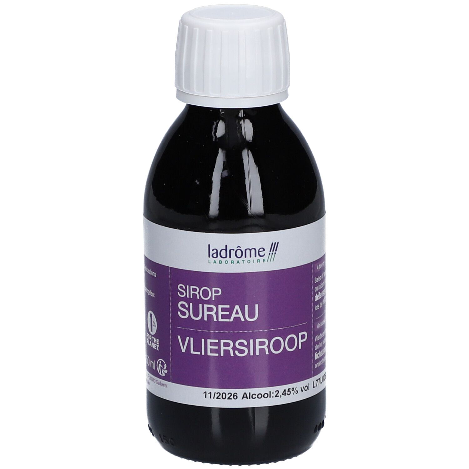 Braune Glasflasche mit weißem Deckel. Etikett mit Produktnamen und Marke. Aufschrift: Sirop Sureau, Vliersiroop.