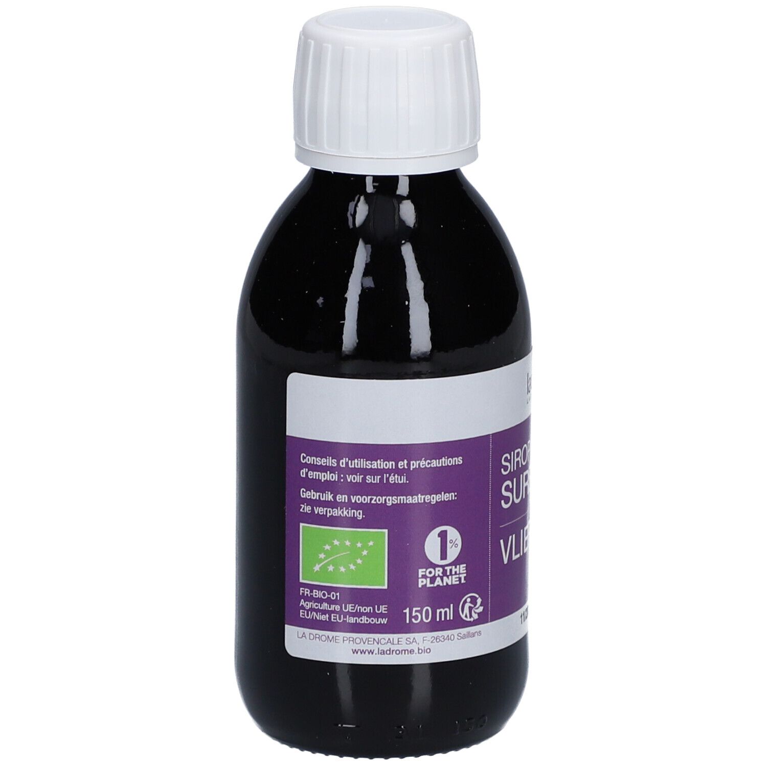Braune Glasflasche mit weißem Deckel. Etikett mit Produktnamen und Marke. Bio-Siegel. Aufschrift: Sirop Sureau, Vliersiroop.