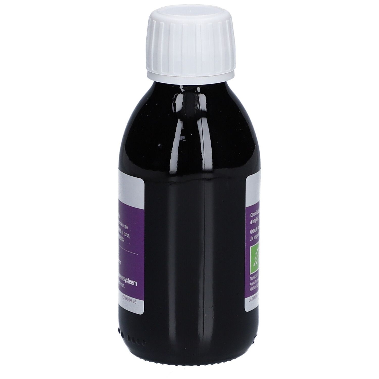 Braune Glasflasche mit weißem Deckel. Etikett mit Produktnamen und Marke. Bio-Siegel. Aufschrift: Sirop Sureau, Vliersiroop.