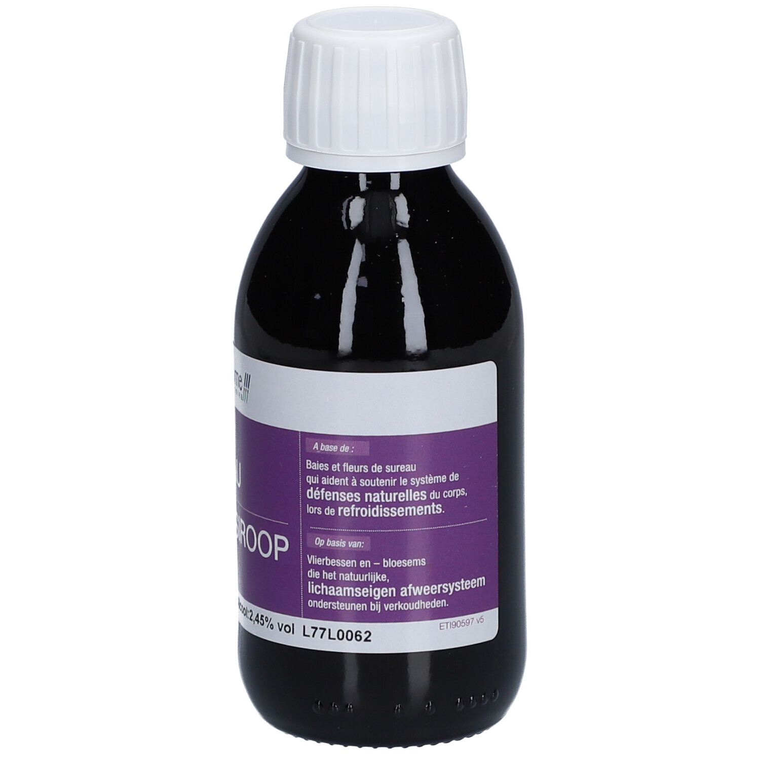 Braune Glasflasche mit weißem Deckel. Etikett mit Produktnamen und Marke. Aufschrift: Sirop Sureau, Vliersiroop.
