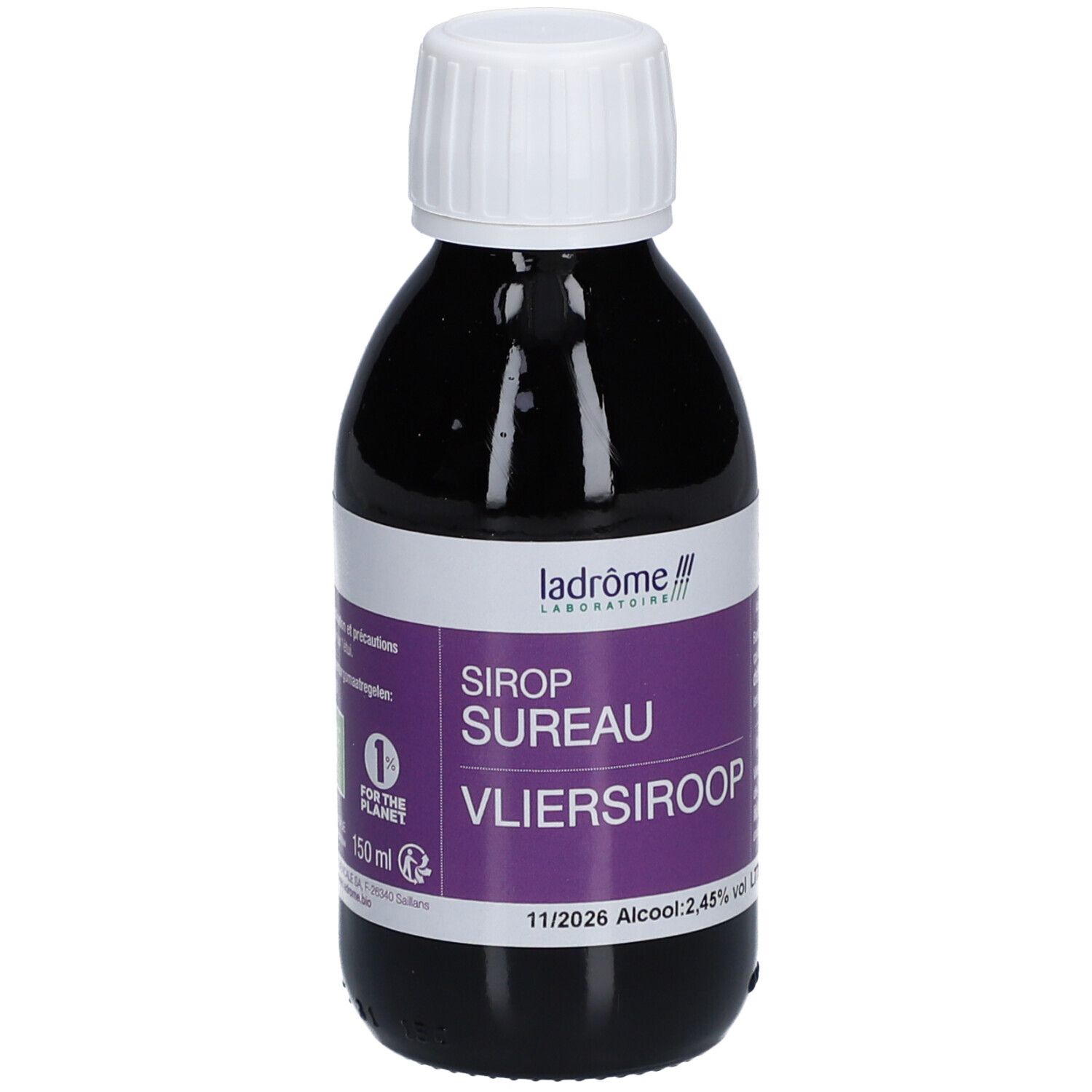 Braune Glasflasche mit weißem Deckel. Etikett mit Produktnamen und Marke. Aufschrift: Sirop Sureau, Vliersiroop.