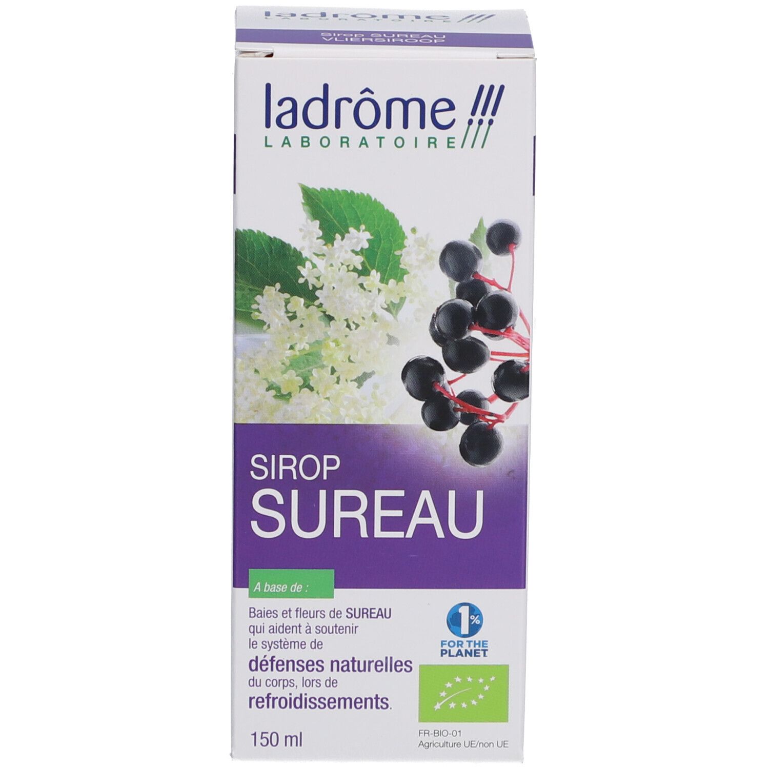 Produktverpackung. Aufschrift: Sirop Sureau. Marke und Produktname. Abbildung von Holunderblüten und Beeren.