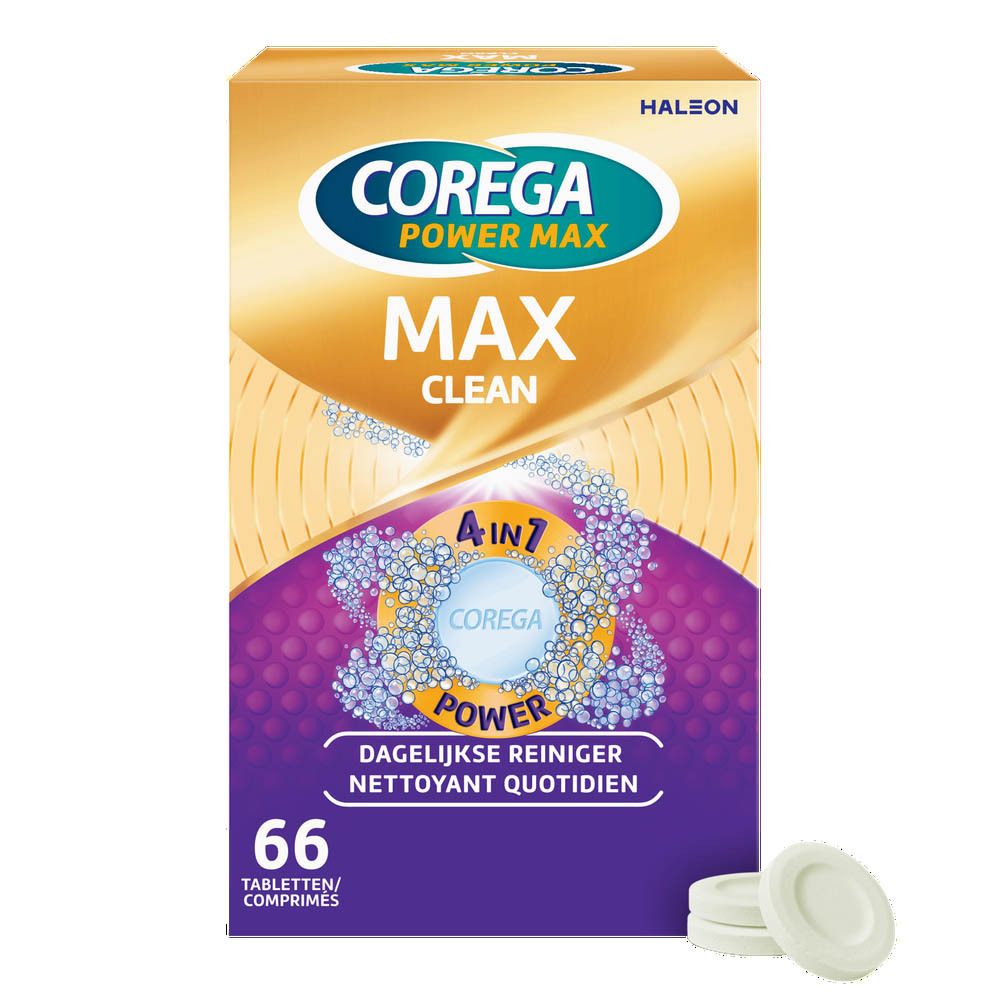 Corega Power Max Clean verpakking met 66 tabletten. Goud en paars design. Drie tabletten ernaast.