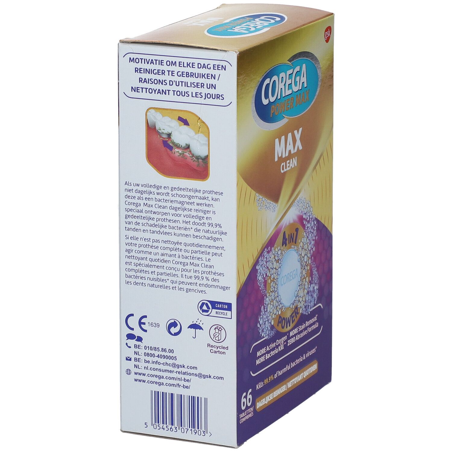 Zijaanzicht van de Corega Power Max Clean verpakking. Bevat informatie en logo's. 66 tabletten. Recycled Carton logo.