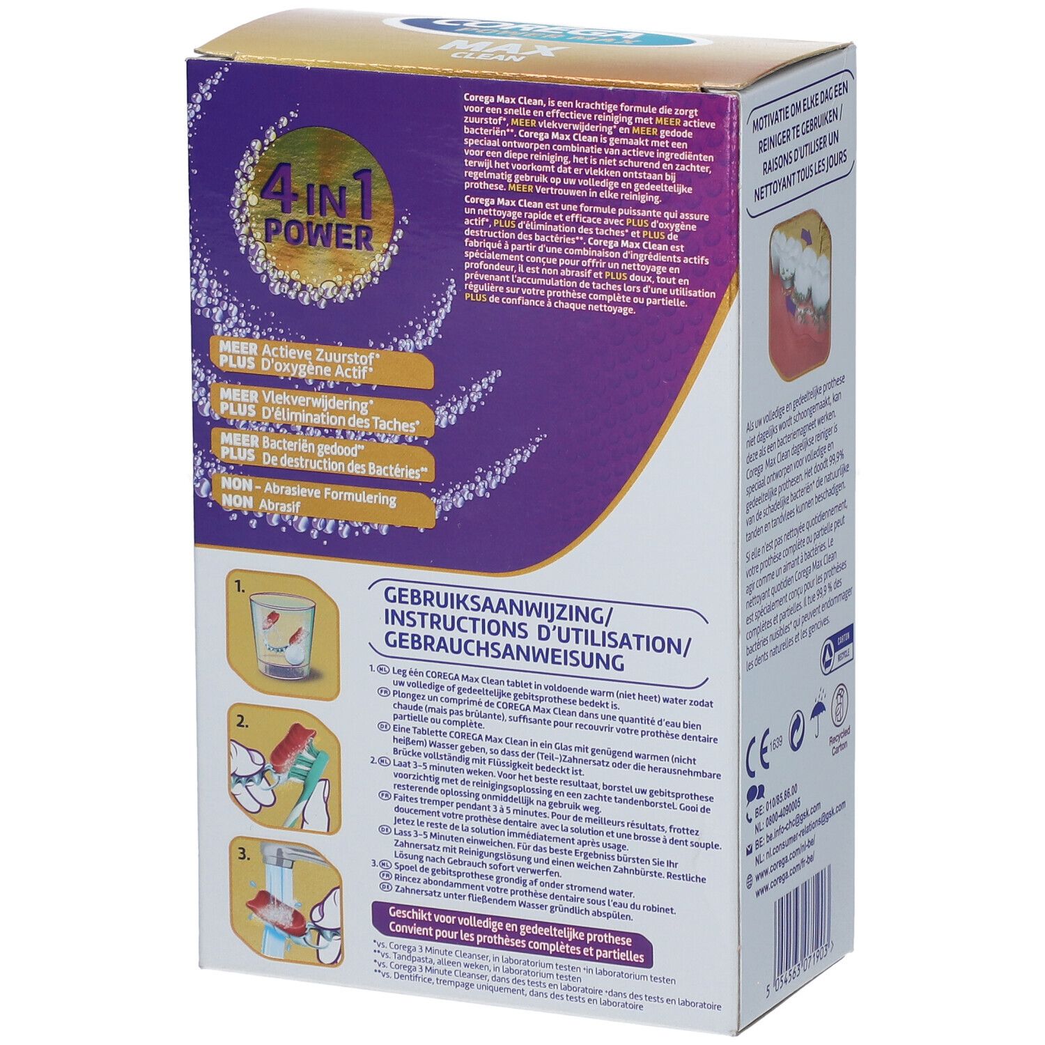 Achterkant van de Corega Power Max Clean verpakking. Bevat instructies en logo's. 66 tabletten. 4-in-1 Power.
