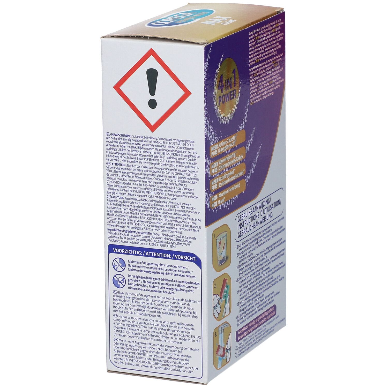 Zijaanzicht van de Corega Power Max Clean verpakking. Bevat waarschuwingen en logo's. 66 tabletten. 4-in-1 Power.