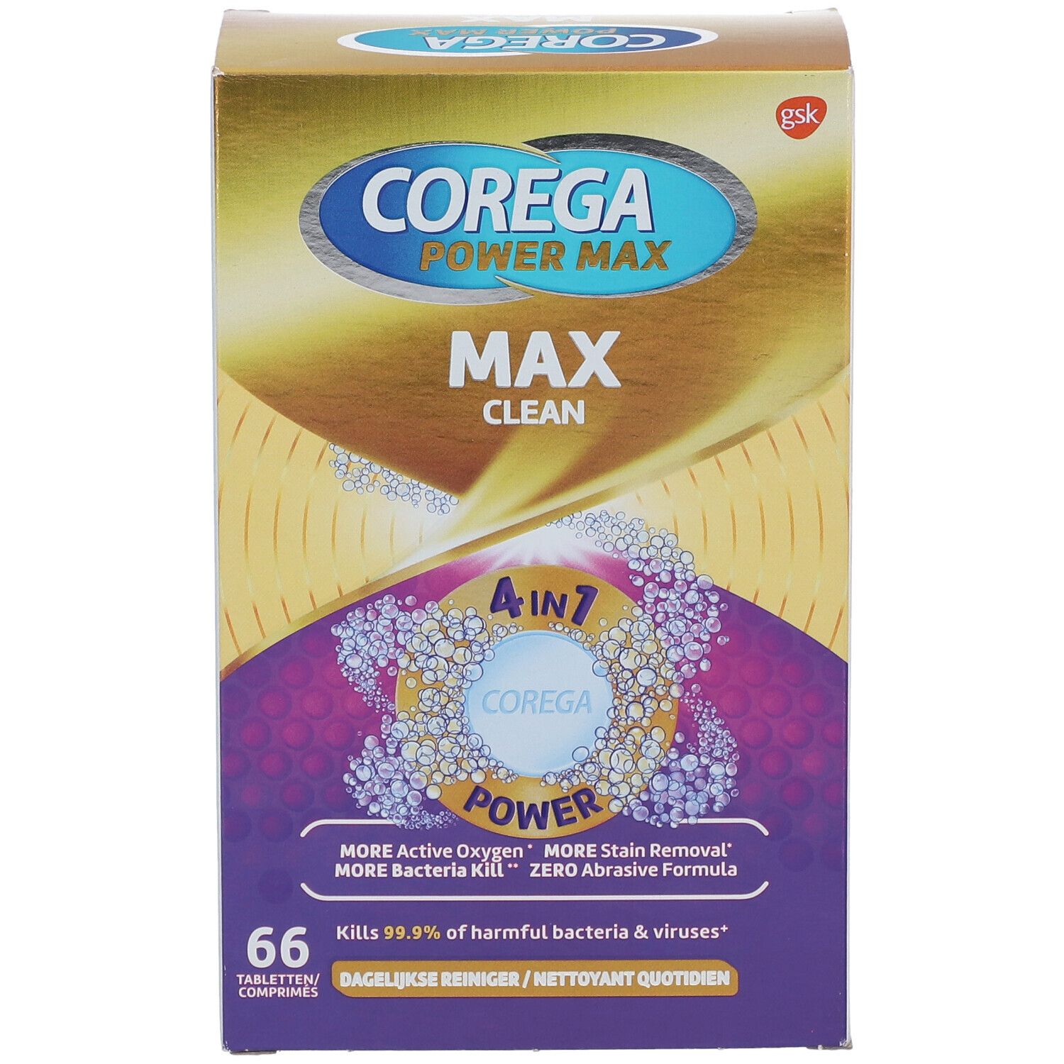 Vooraanzicht van de Corega Power Max Clean verpakking. Bevat productnaam, logo en 66 tabletten. Goud en paars design.