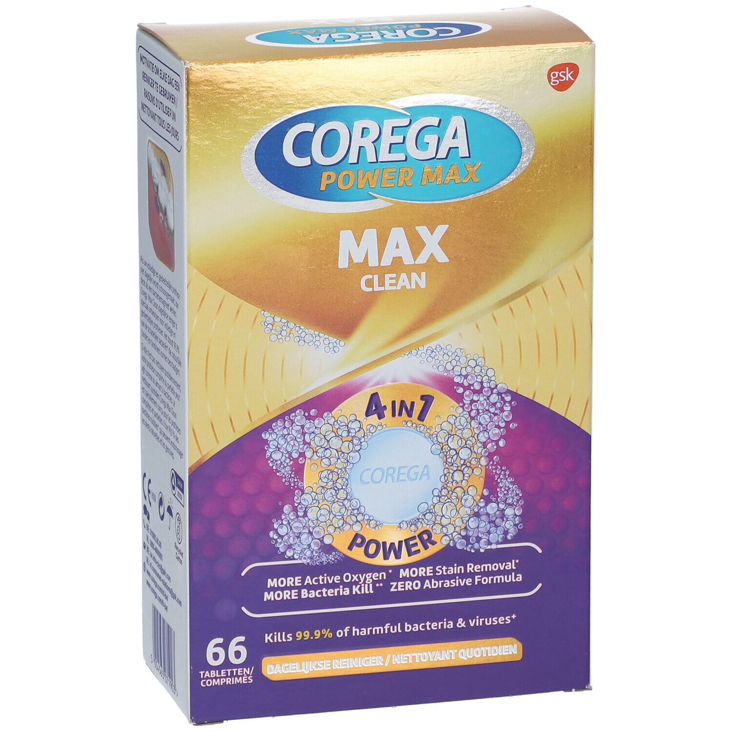 Vooraanzicht van de Corega Power Max Clean verpakking. Bevat productnaam, logo en 66 tabletten. Goud en paars design.