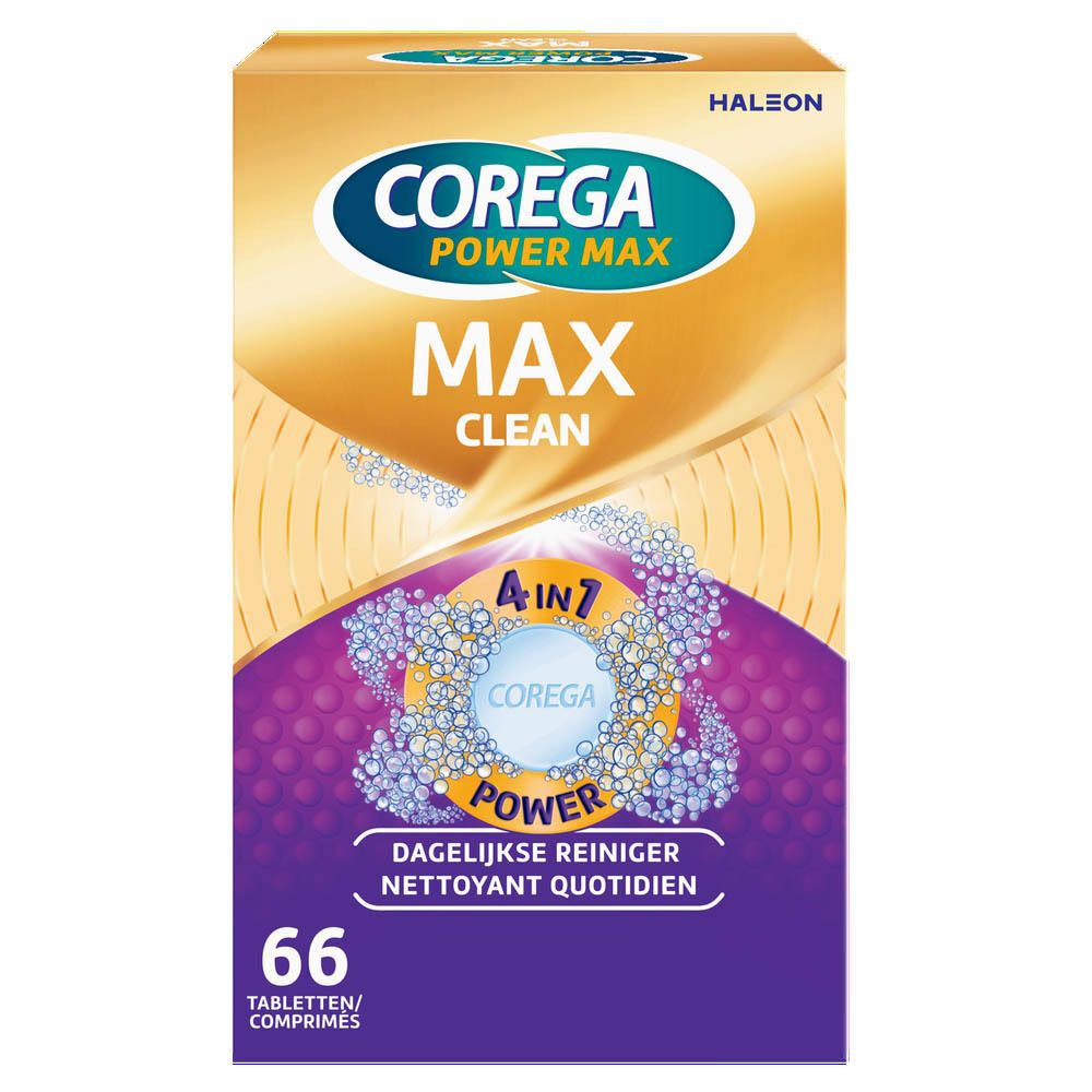 Vooraanzicht van de Corega Power Max Clean verpakking. Bevat productnaam, logo en 66 tabletten. Goud en paars design.