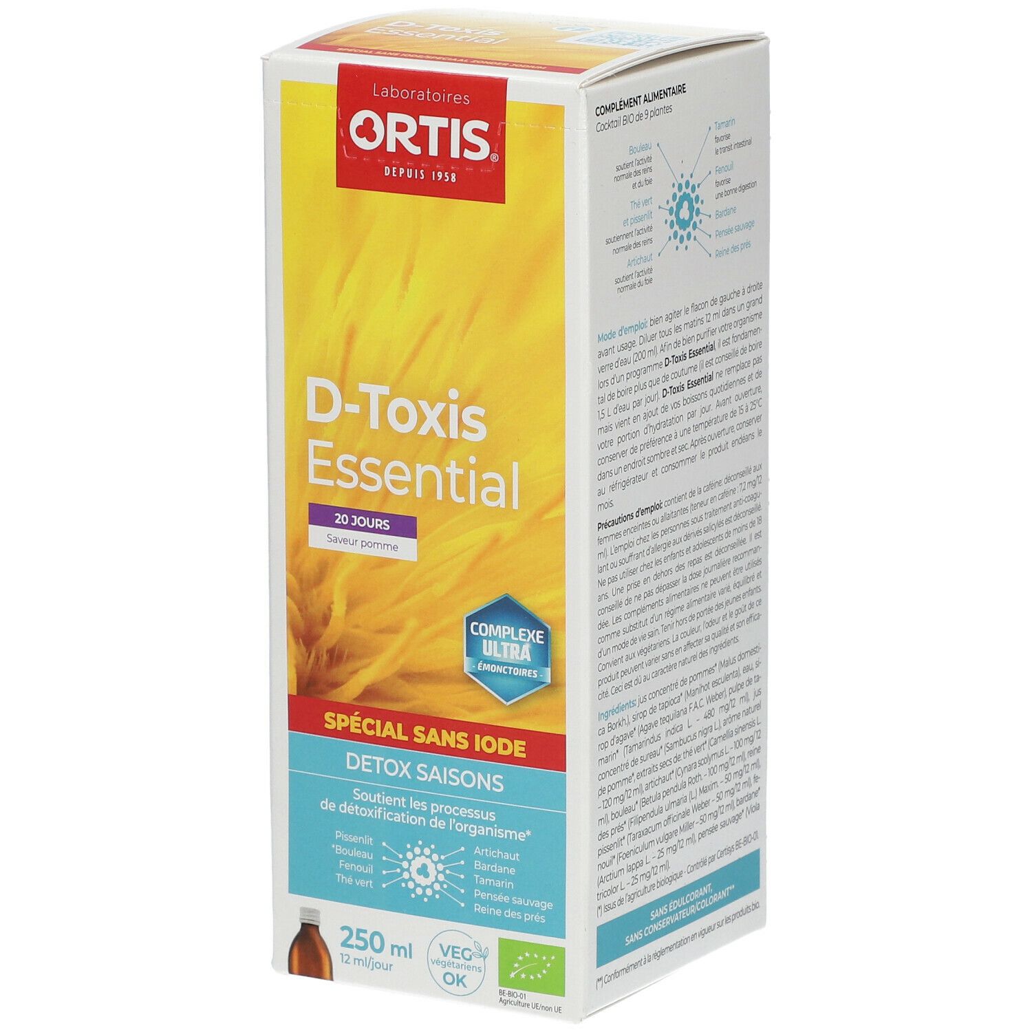 Boîte Ortis D-Toxis Essential. Informations produit, 250 ml. Sans iode. Label 'VEG OK'. Complexe Ultra. Détails sur les saisons.