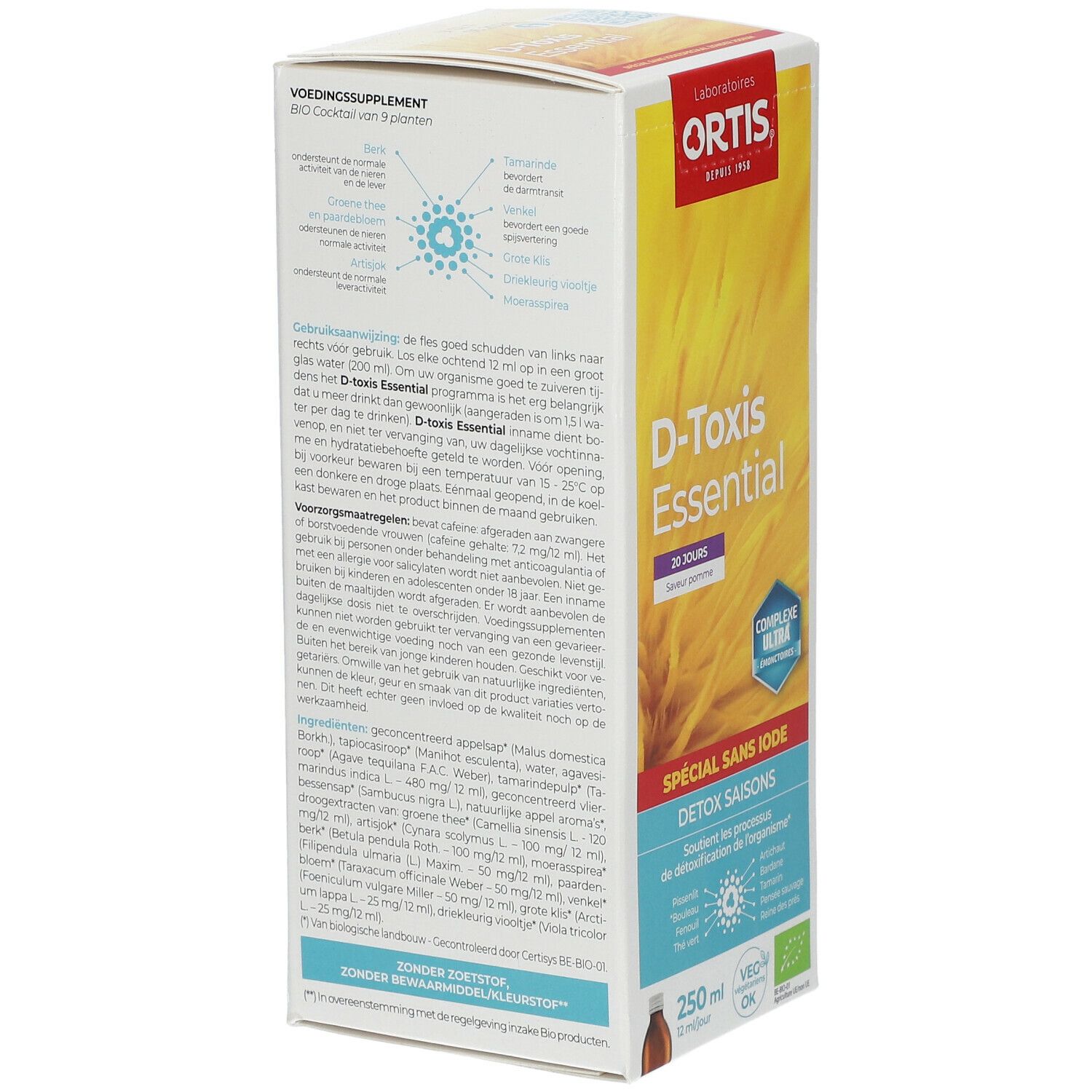 Dos de la boîte Ortis D-Toxis Essential. Ingrédients et informations. Bouteille 250 ml. Label 'VEG OK'.