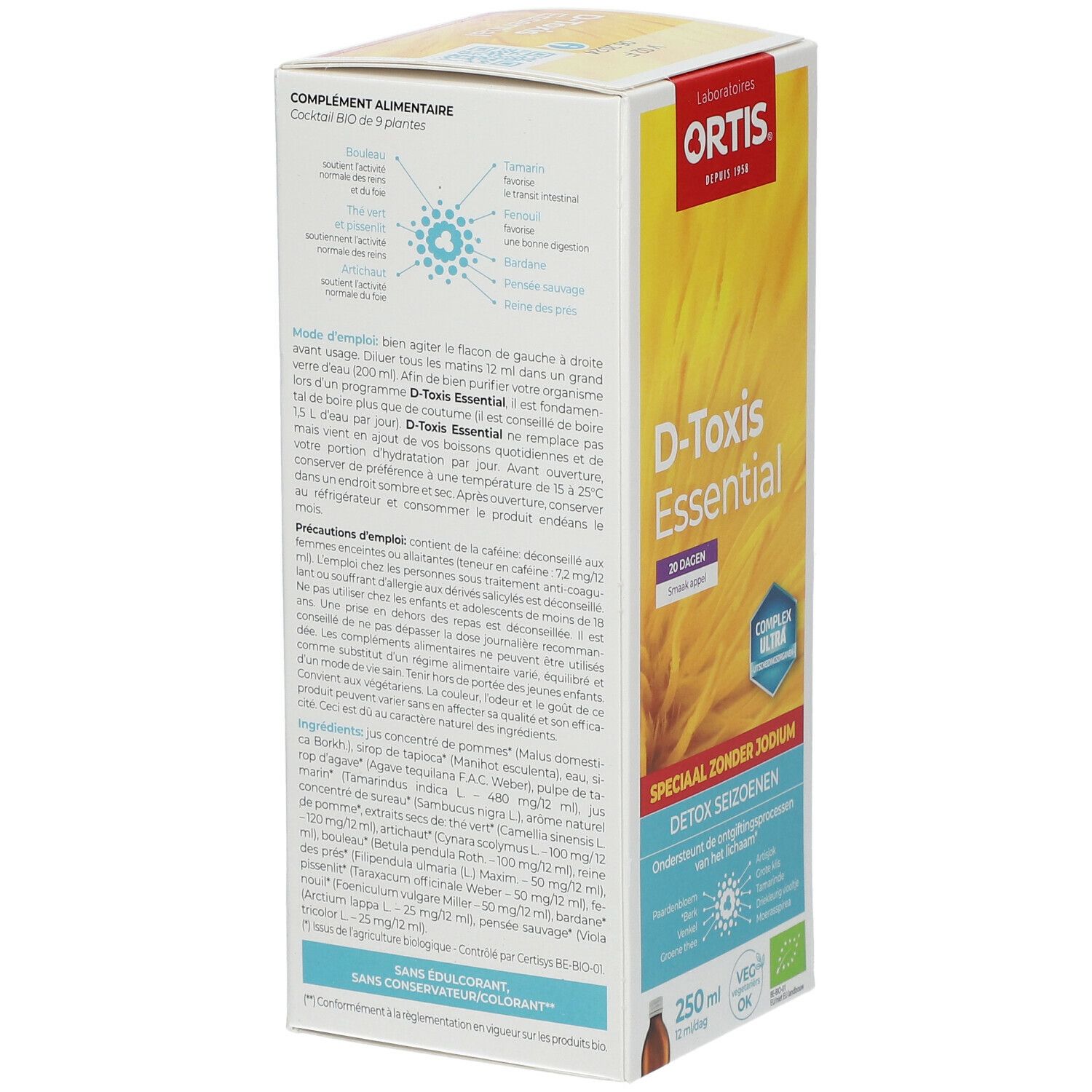 Dos de la boîte Ortis D-Toxis Essential. Ingrédients et informations. Bouteille 250 ml. Label 'VEG OK'.