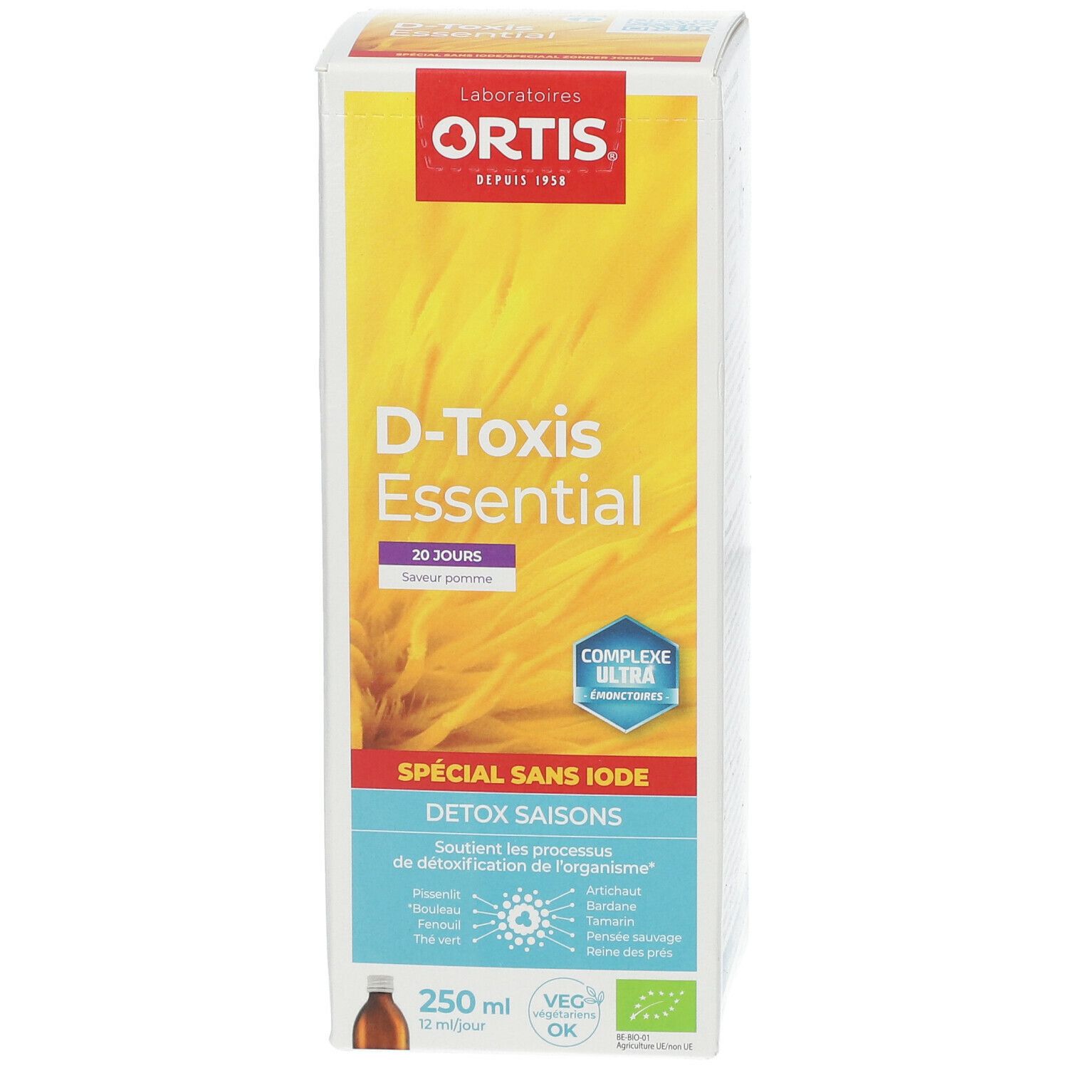 Boîte Ortis D-Toxis Essential. Informations produit, 250 ml. Sans iode. Label 'VEG OK'. Complexe Ultra. Saveur pomme.