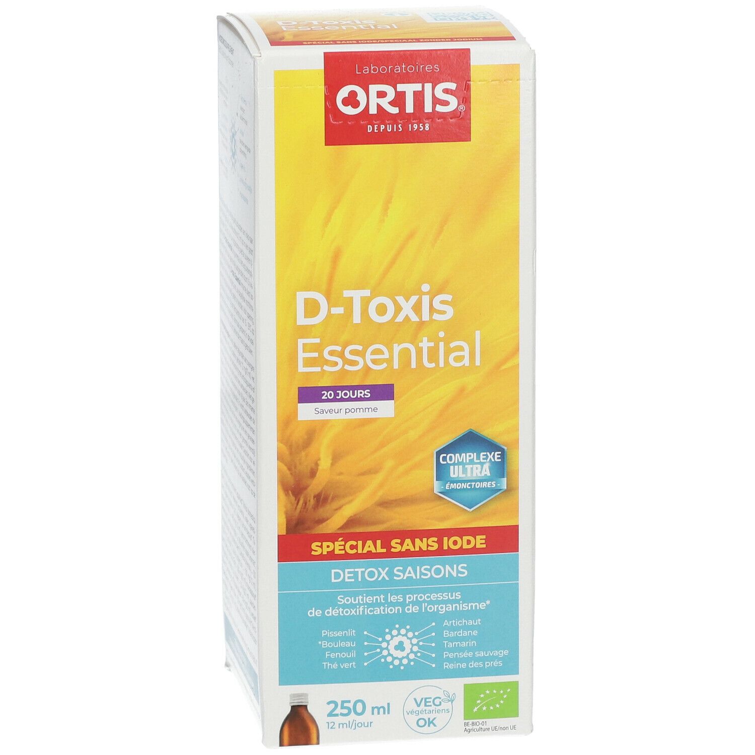 Boîte Ortis D-Toxis Essential. Informations produit, 250 ml. Sans iode. Label 'VEG OK'. Complexe Ultra. Saveur pomme.