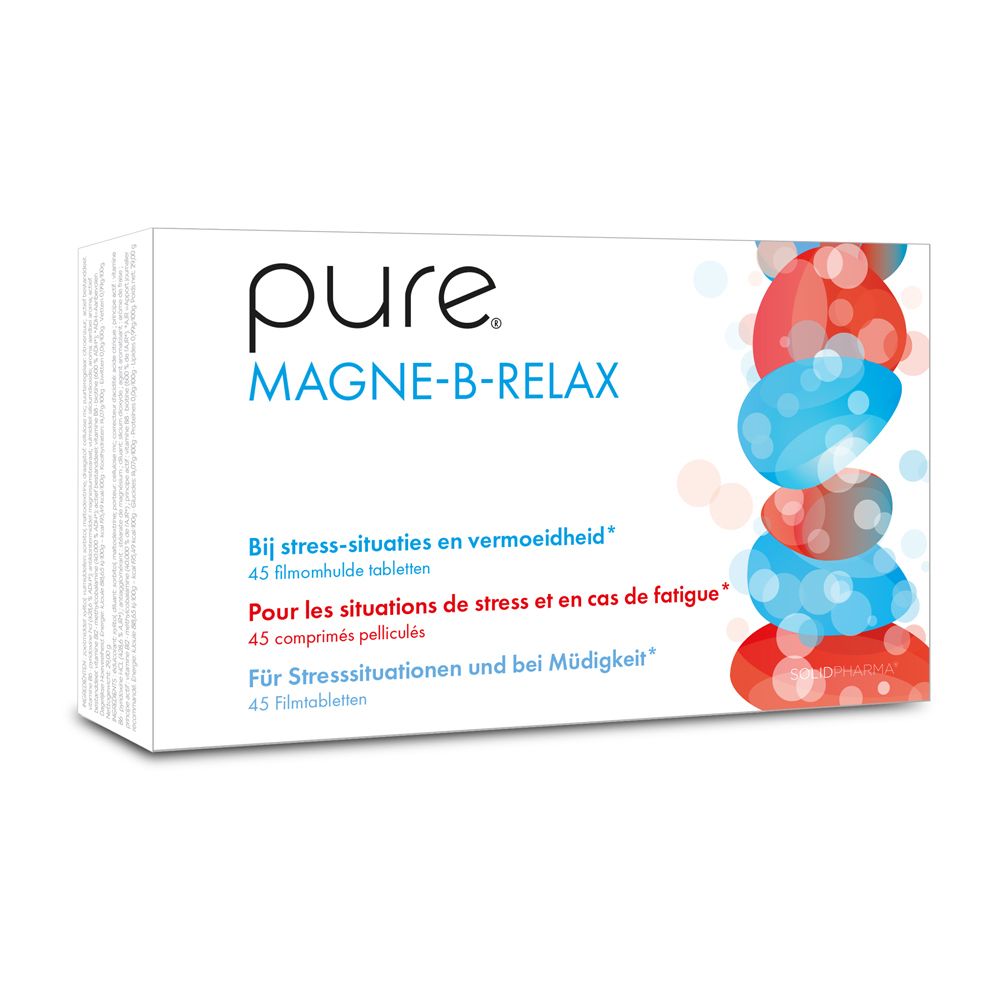 Doos pure® MAGNE-B-RELAX. Opschrift: Bij stress-situaties en vermoeidheid. 45 filmomhulde tabletten.
