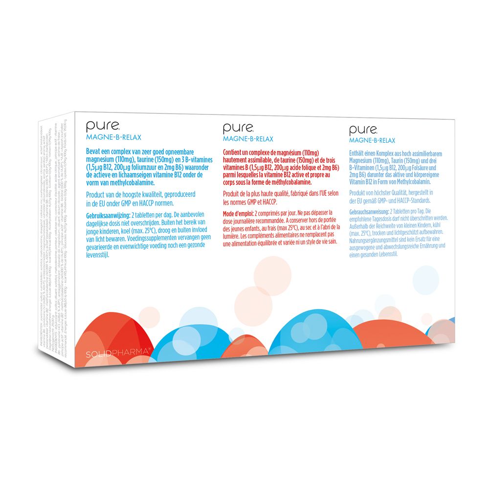 Achterkant verpakking pure® MAGNE-B-RELAX. Tekst in het Nederlands, Frans en Duits. Bevat informatie.