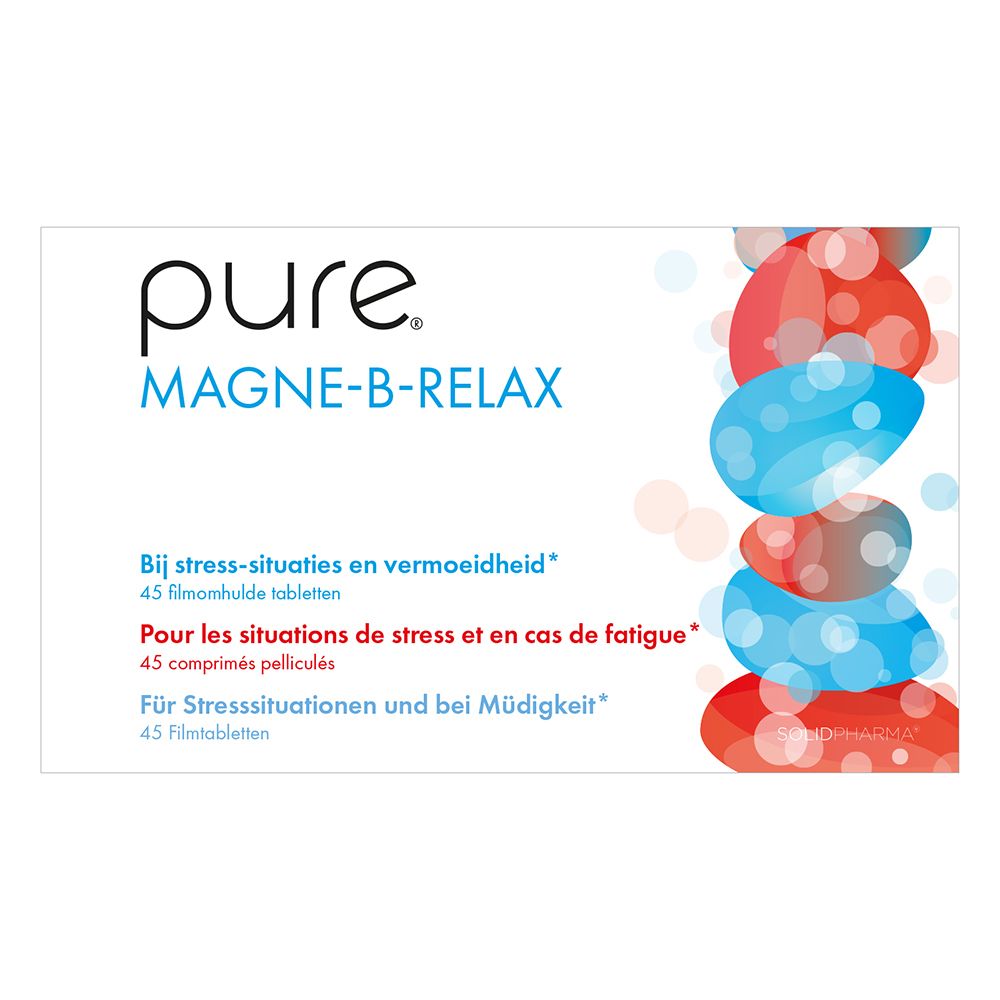 Doos pure® MAGNE-B-RELAX. Opschrift: Bij stress-situaties en vermoeidheid. 45 filmomhulde tabletten.