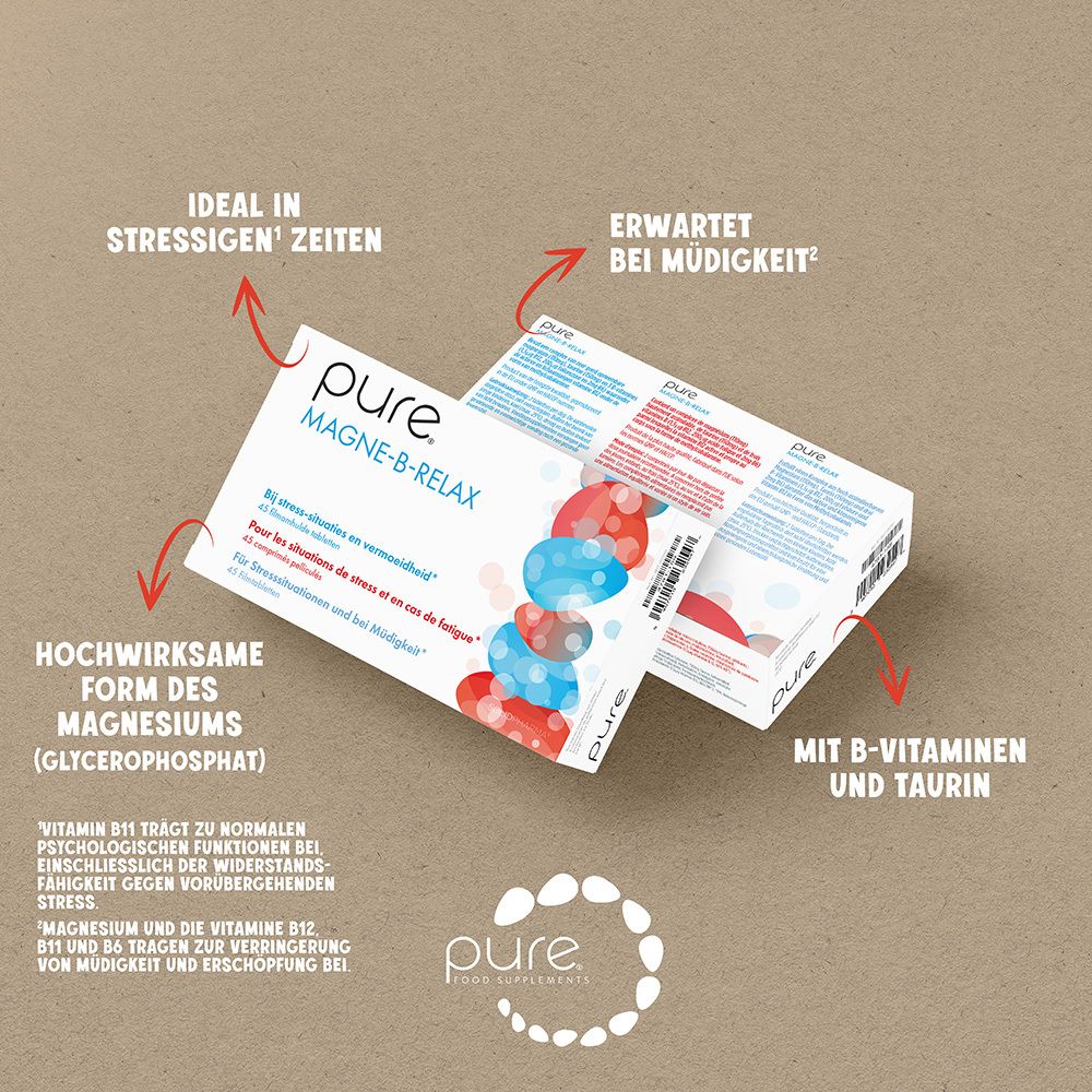 Zwei Packungen pure® MAGNE-B-RELAX. Text: Ideal in Stresszeiten, erwartet bei Müdigkeit. Mit B-Vitaminen und Taurin.