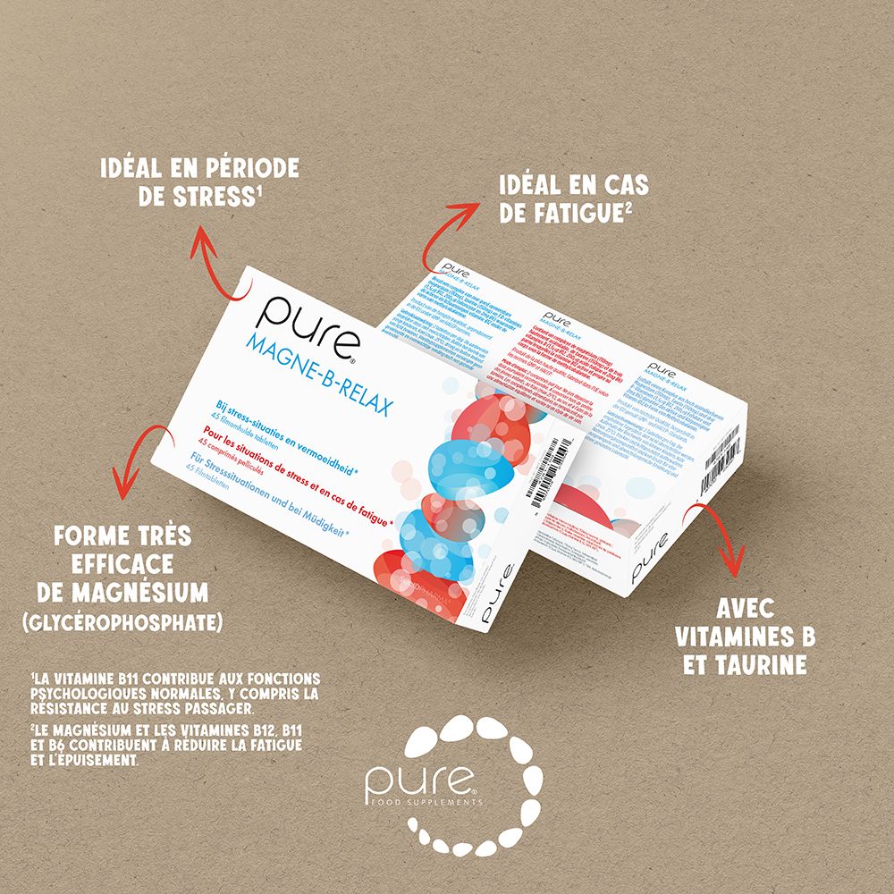 Deux boîtes de pure® MAGNE-B-RELAX. Texte : Idéal en période de stress, idéal en cas de fatigue. Avec vitamines B et taurine.