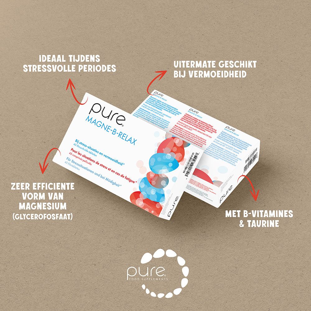 Twee dozen pure® MAGNE-B-RELAX. Tekst: Ideaal tijdens stressvolle periodes, uitermate geschikt bij vermoeidheid. Met B-vitamines & taurine.