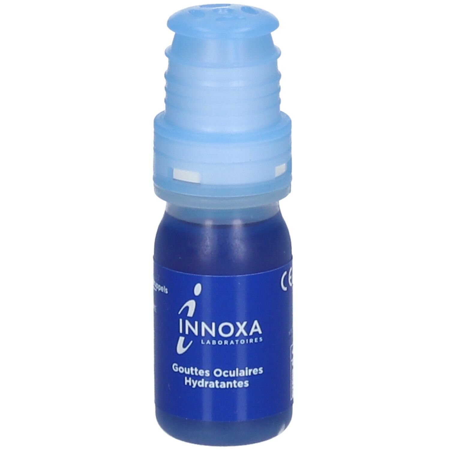 Flacon de gouttes oculaires bleu avec bouchon bleu. Inscription: Innoxa Gouttes Oculaires Hydratantes.