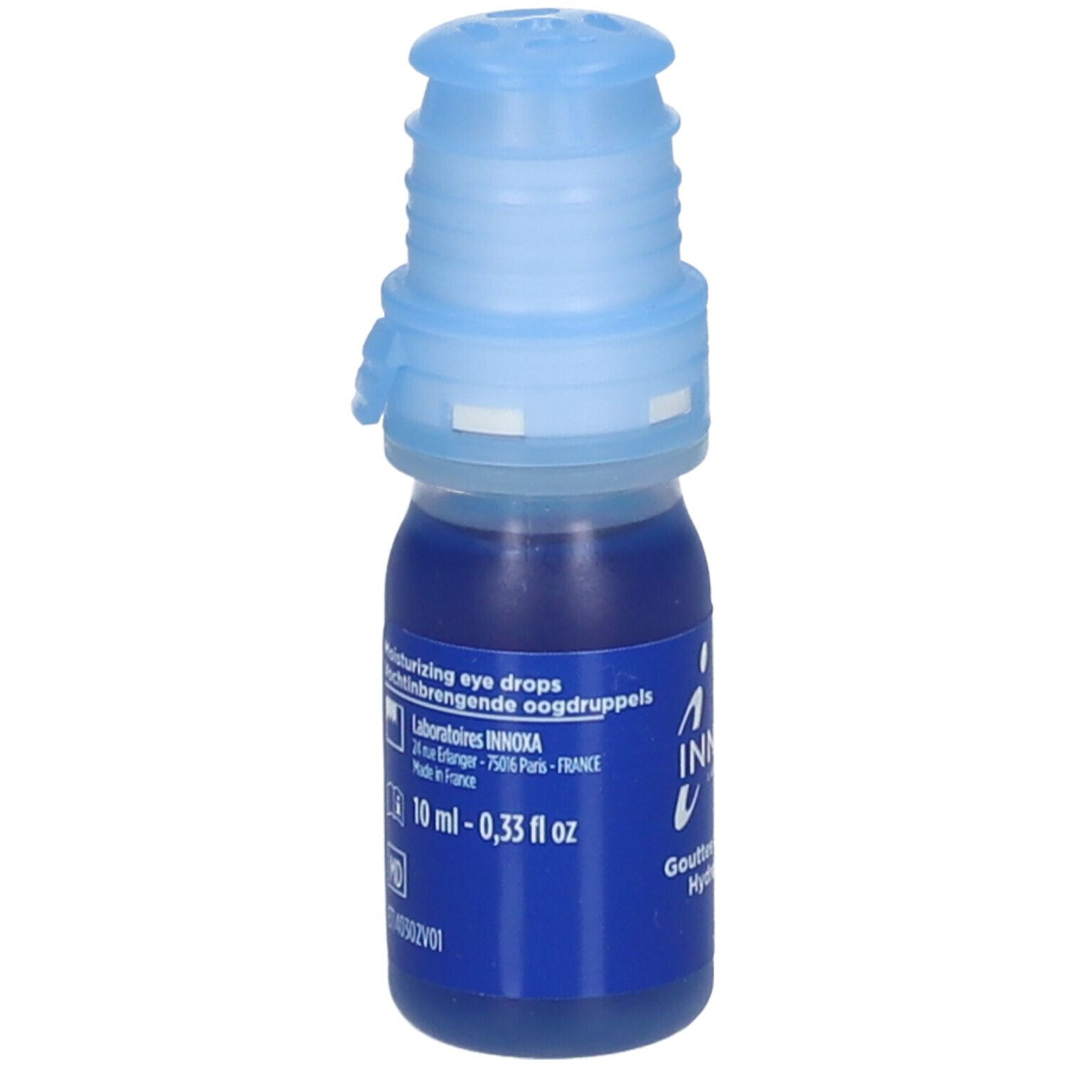 Flacon de gouttes oculaires bleu avec bouchon bleu. Inscription: Innoxa, 10 ml - 0,33 fl oz.