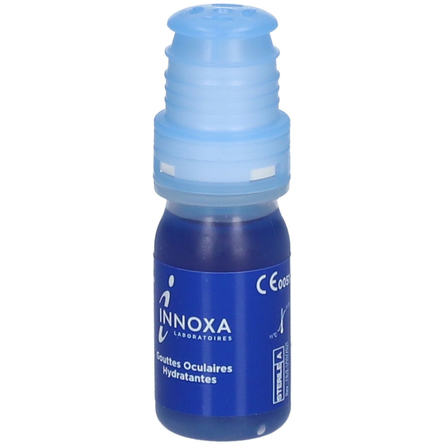 Flacon de gouttes oculaires bleu avec bouchon bleu. Inscription: Innoxa, Gouttes Oculaires Hydratantes.
