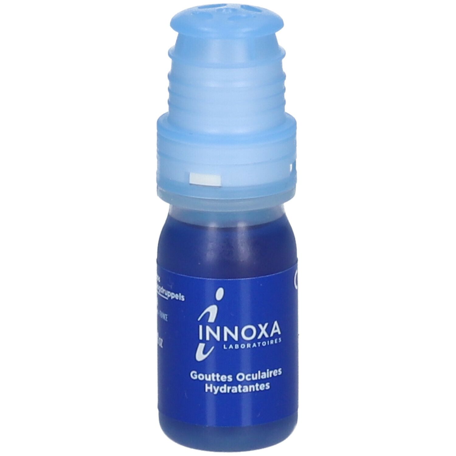 Flacon de gouttes oculaires bleu avec bouchon bleu. Inscription: Innoxa, Gouttes Oculaires Hydratantes.