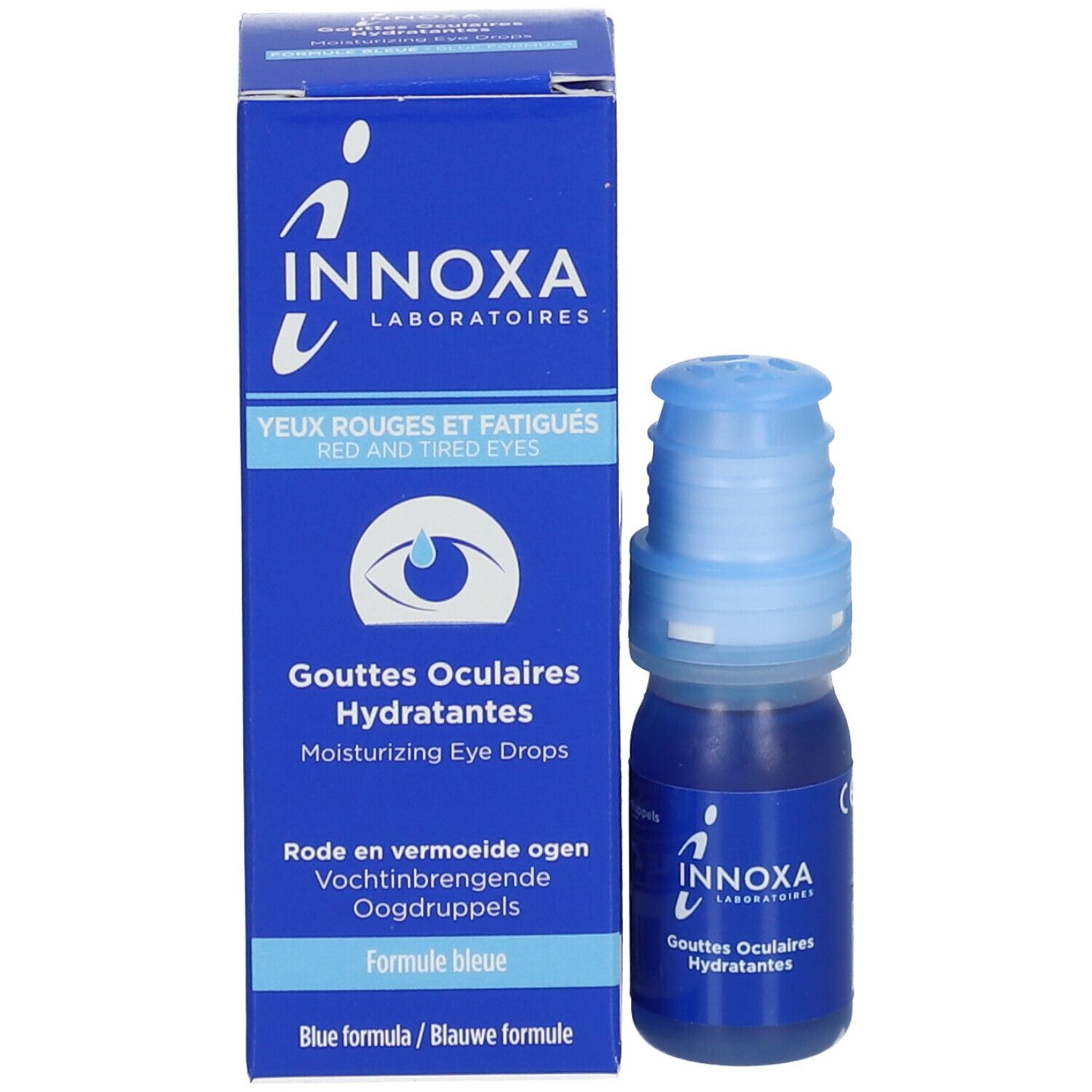 Boîte bleue et flacon de gouttes oculaires bleu. Inscription: Innoxa, Gouttes Oculaires Hydratantes.