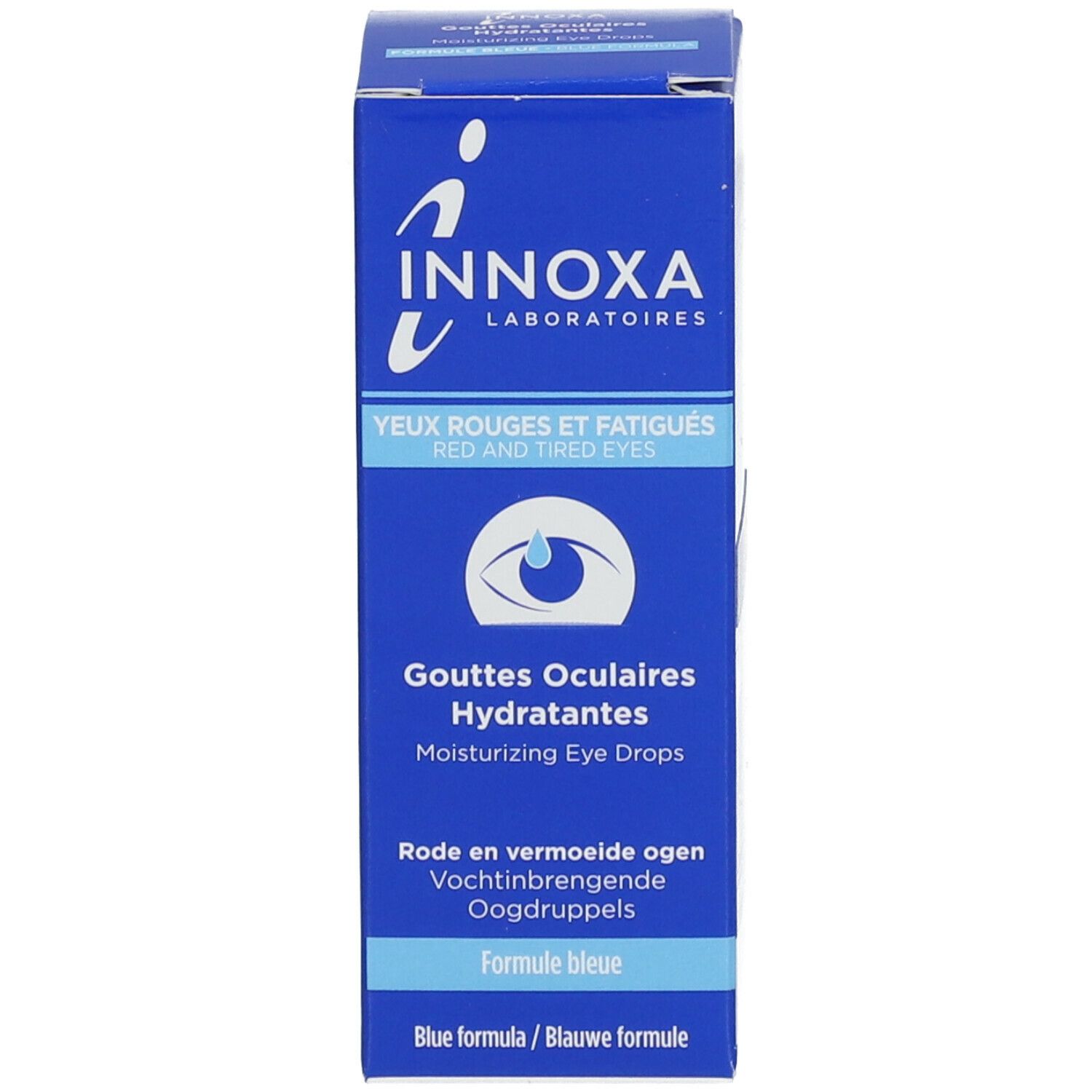 Boîte bleue. Inscription: Innoxa, Gouttes Oculaires Hydratantes, symbole de l'œil.