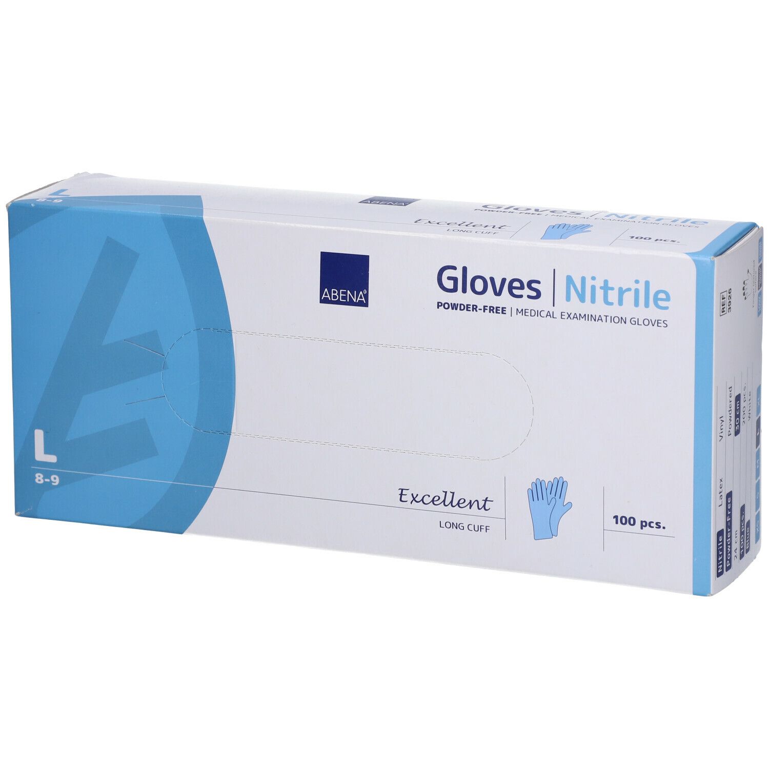 Verpakking van ABENA nitril handschoenen. Opschrift: Gloves Nitrile, L, 100 stuks. Blauwe handschoen illustratie.