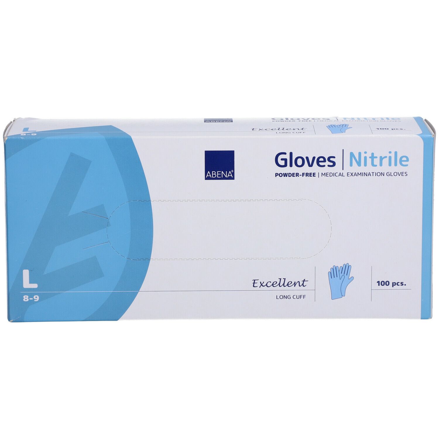 ABENA nitril handschoen verpakking. Opschrift: Gloves Nitrile, L, 100 stuks. Blauwe handschoen illustratie.
