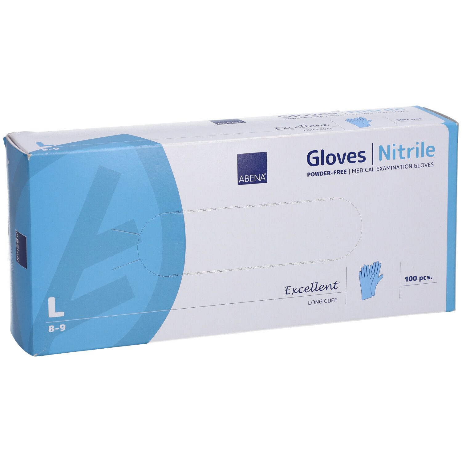 ABENA nitril handschoen verpakking. Opschrift: Gloves Nitrile, L, 100 stuks. Blauwe handschoen illustratie.