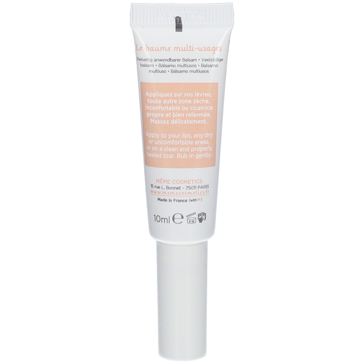 Rückseite des Creme-Tubes. Text: Anwendung, Inhaltsstoffe, Herstelleradresse, 10ml, e-Zeichen.