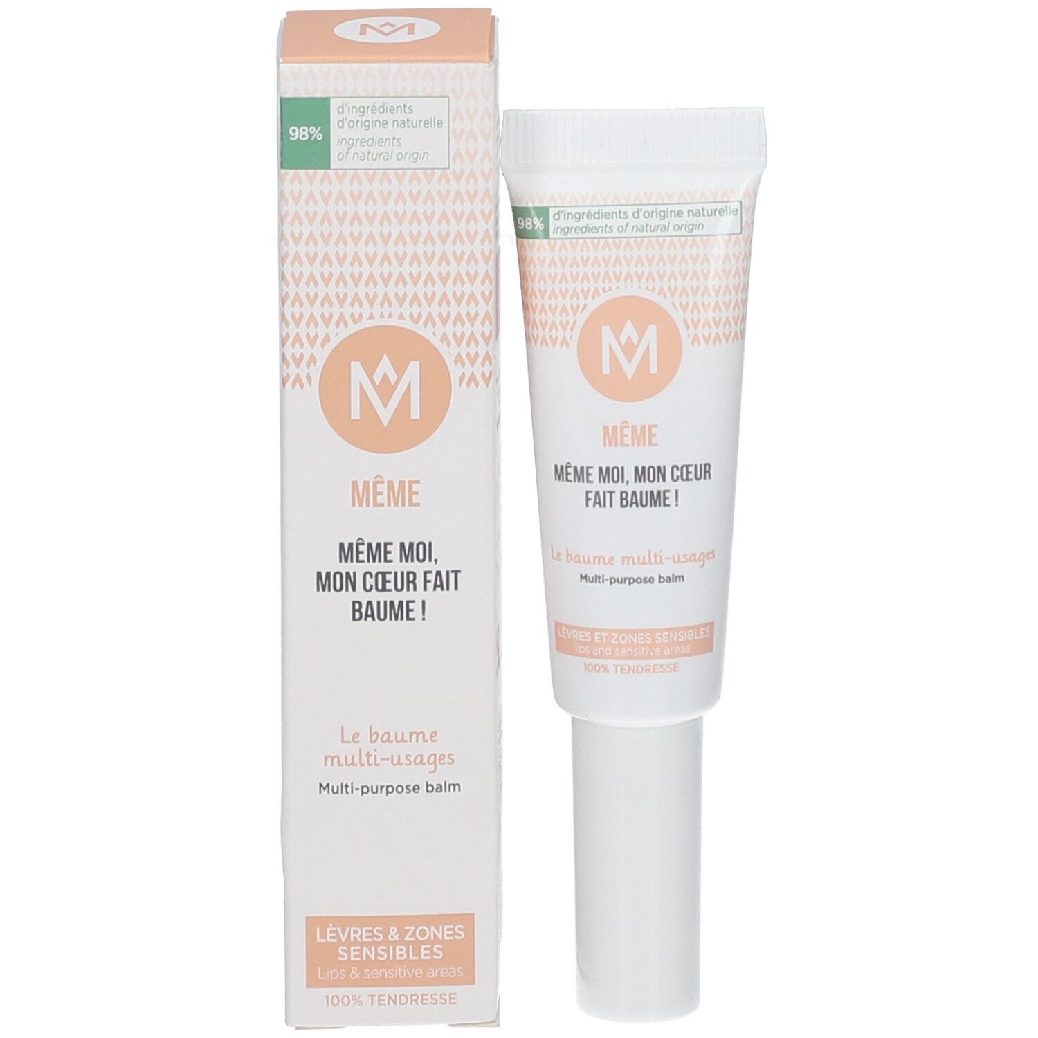 Produktverpackung und Tube. Aufschrift: MÊME, Mehrzweckbalsam. 98% Inhaltsstoffe natürlichen Ursprungs.