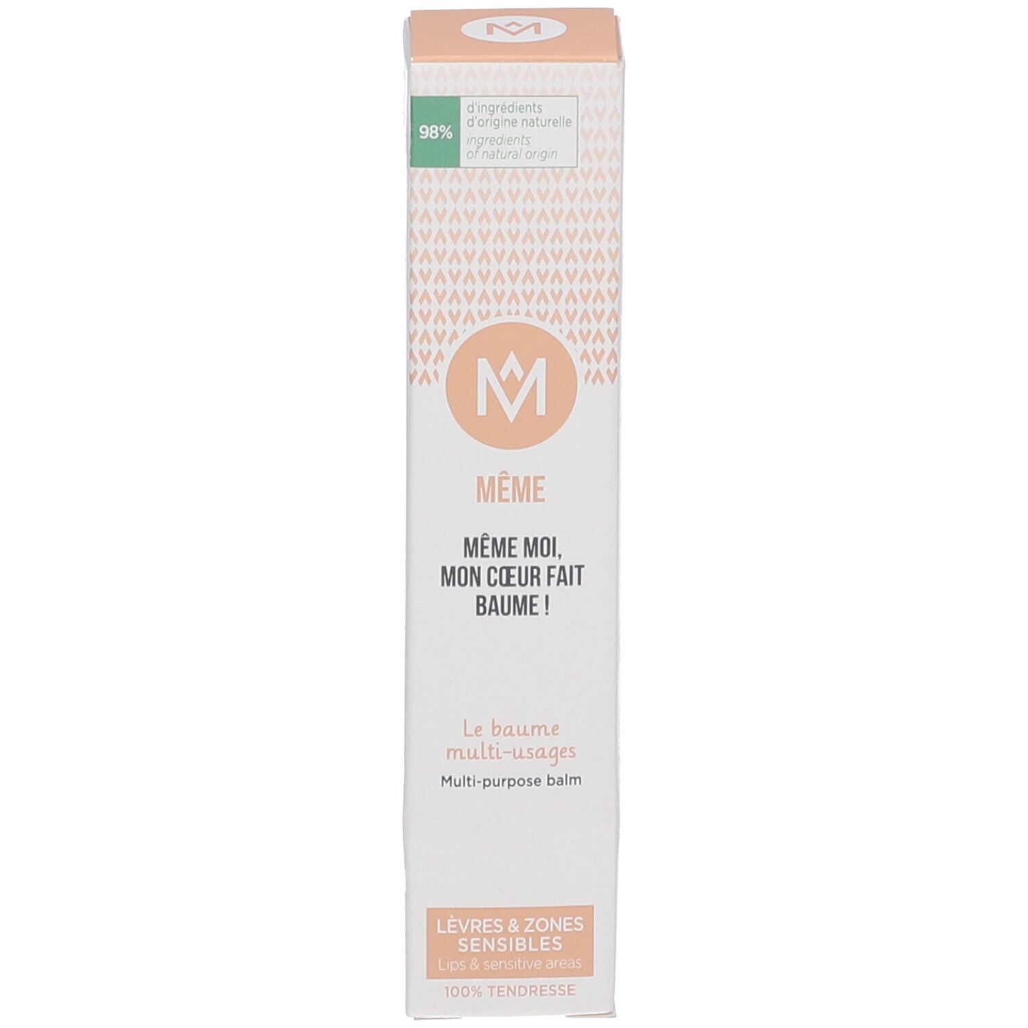 Produktverpackung. Aufschrift: MÊME, Mehrzweckbalsam. 98% Inhaltsstoffe natürlichen Ursprungs.