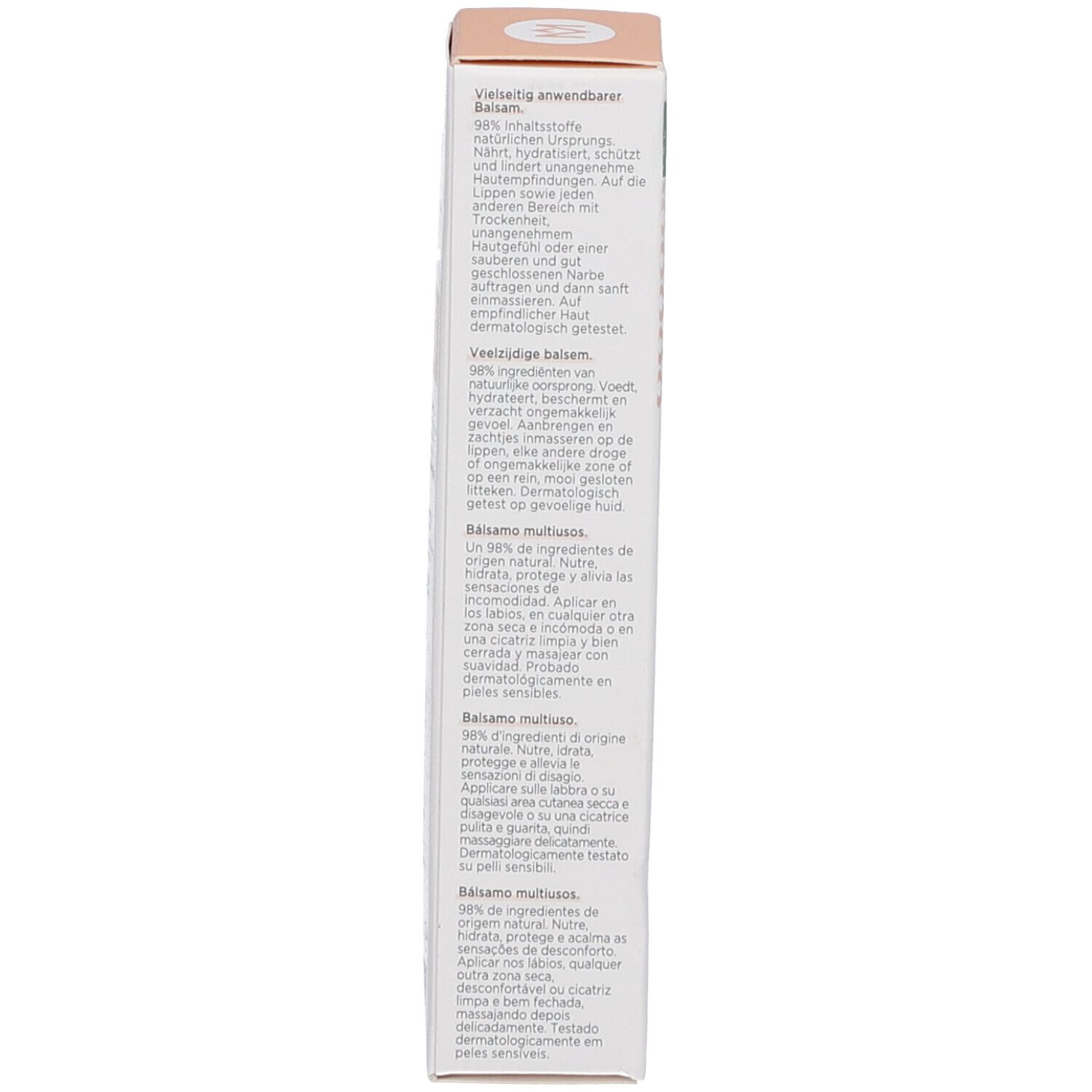 Rückseite der Produktverpackung. Text in mehreren Sprachen: Anwendung, Inhaltsstoffe, Hersteller.