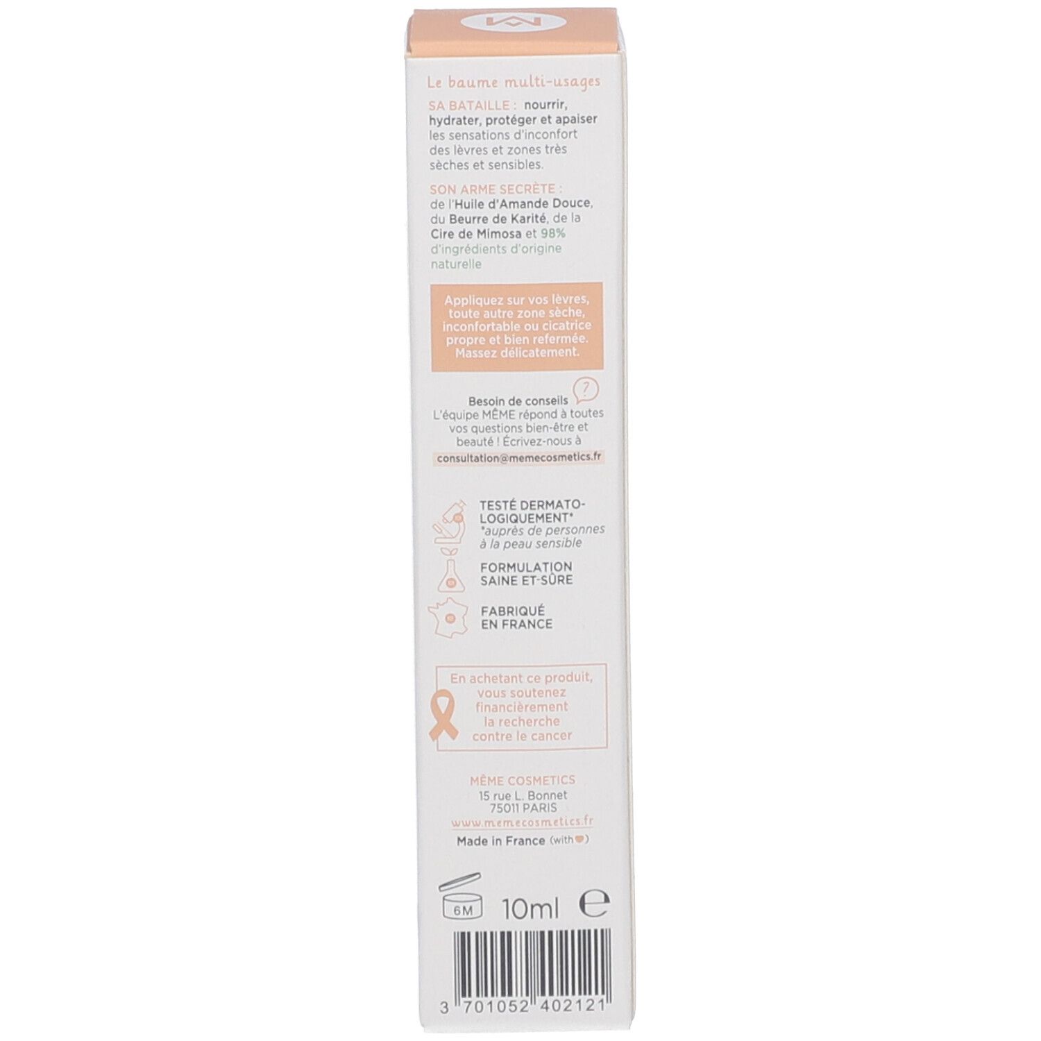 Rückseite der Produktverpackung. Text: Anwendung, Inhaltsstoffe, Herstelleradresse, 10ml.